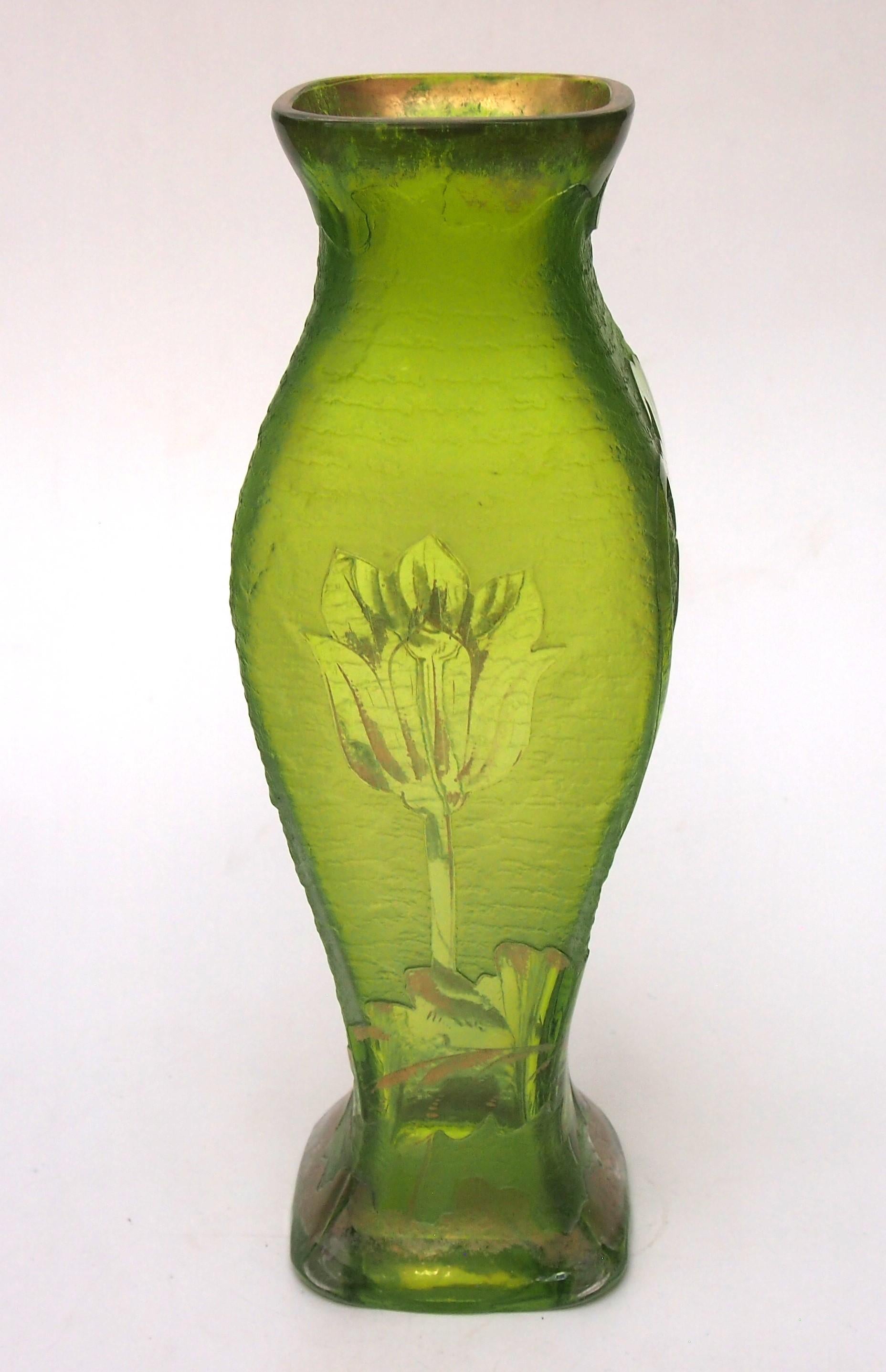 Czech Fabulous acid cut back and gilded glass Riedel Vase c 1900 with flowering lilies