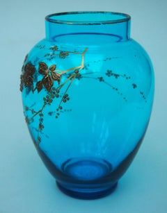 Fabulous Aesthetic Movement Blue Baccarat Crystal glass Prunus Gilded Vase c1890
