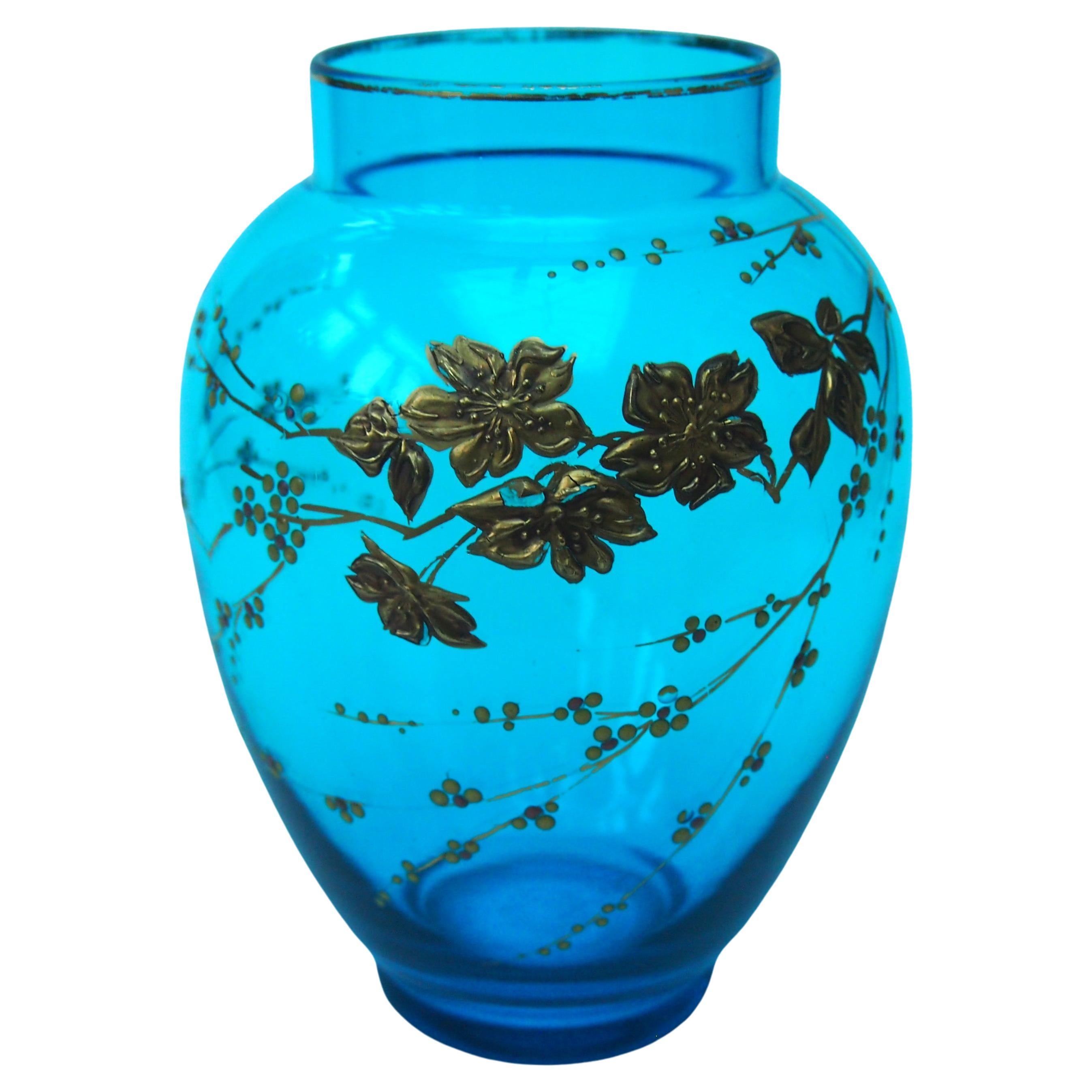 Fabulous Aesthetic Movement Blue Baccarat Crystal glass Prunus Gilded Vase c1890 For Sale