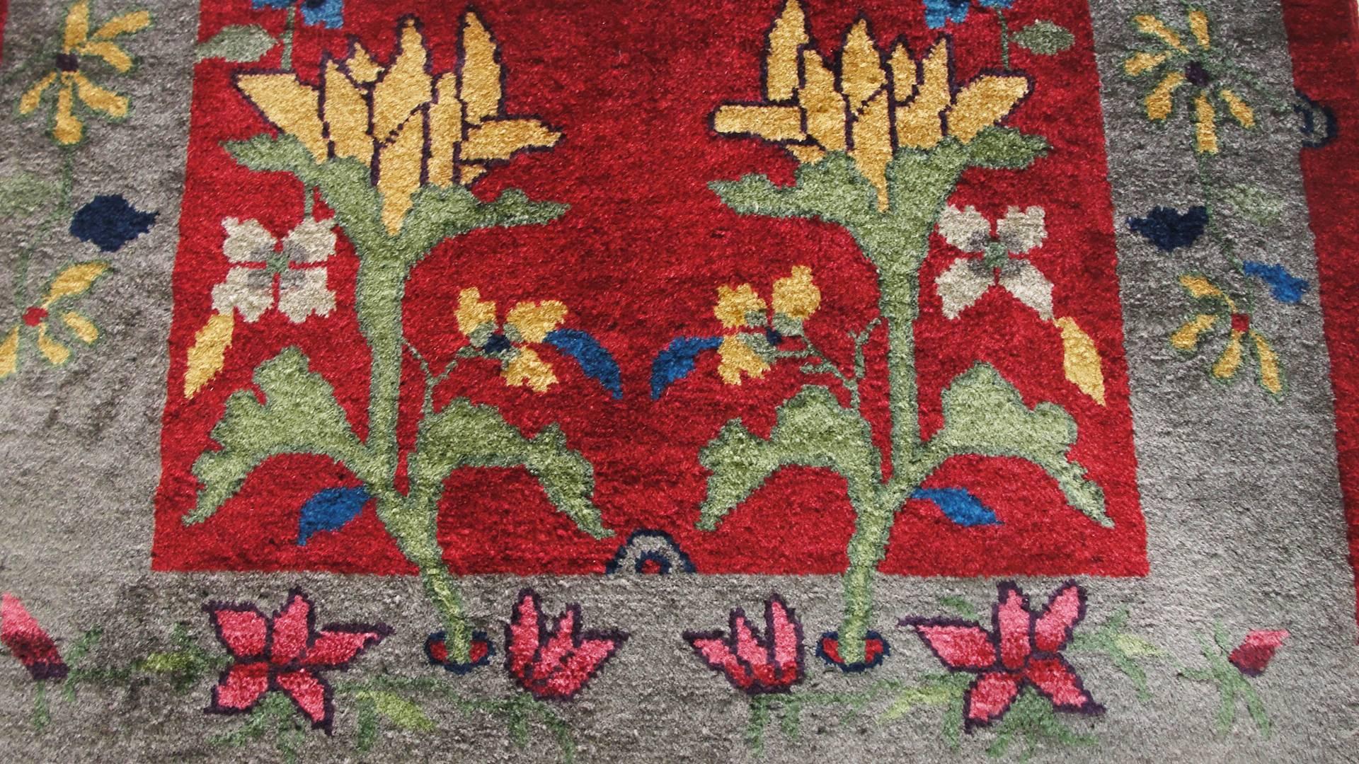 Hand-Knotted  Antique Art Deco Chinese Rug Happy plants 