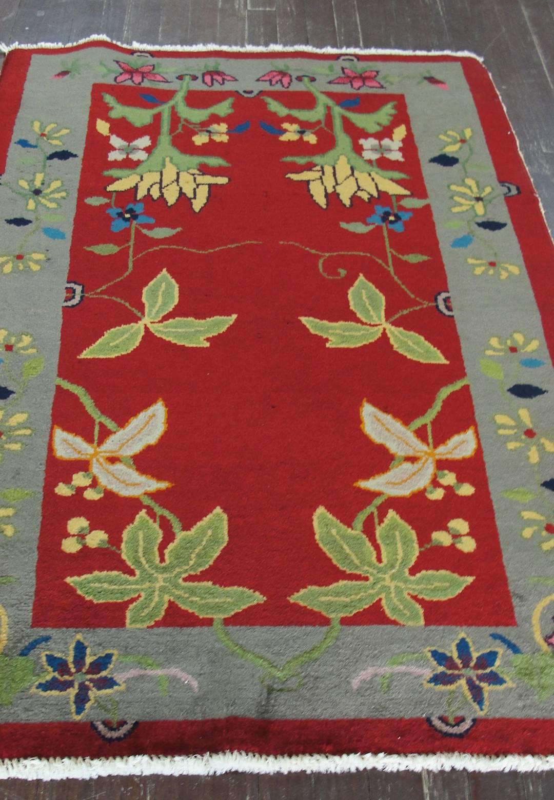 Wool  Antique Art Deco Chinese Rug Happy plants 