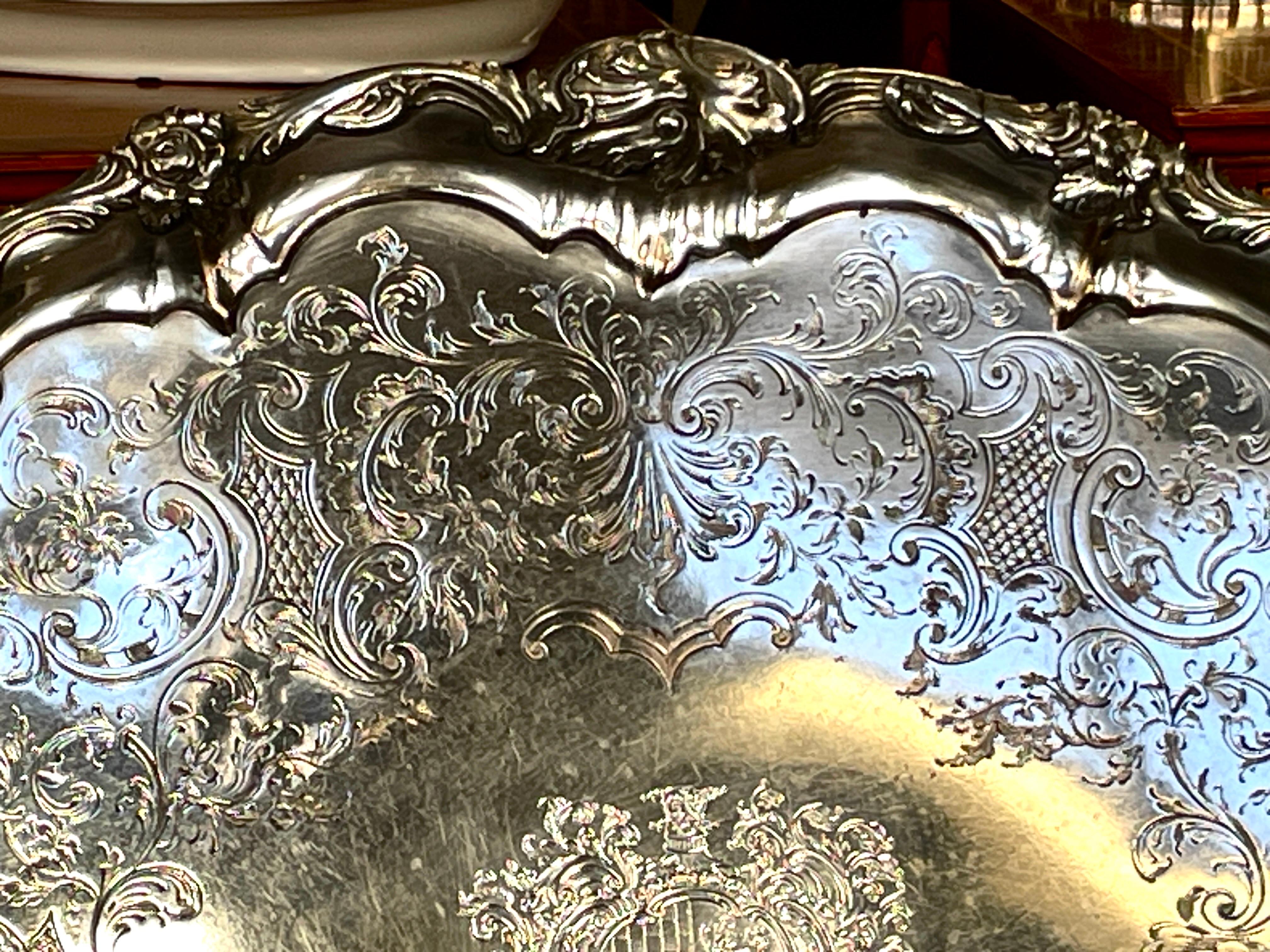 Fabulous Antique English Early Sheffield Plate Armorial Engraved Lg. Tea Tray In Good Condition For Sale In Charleston, SC