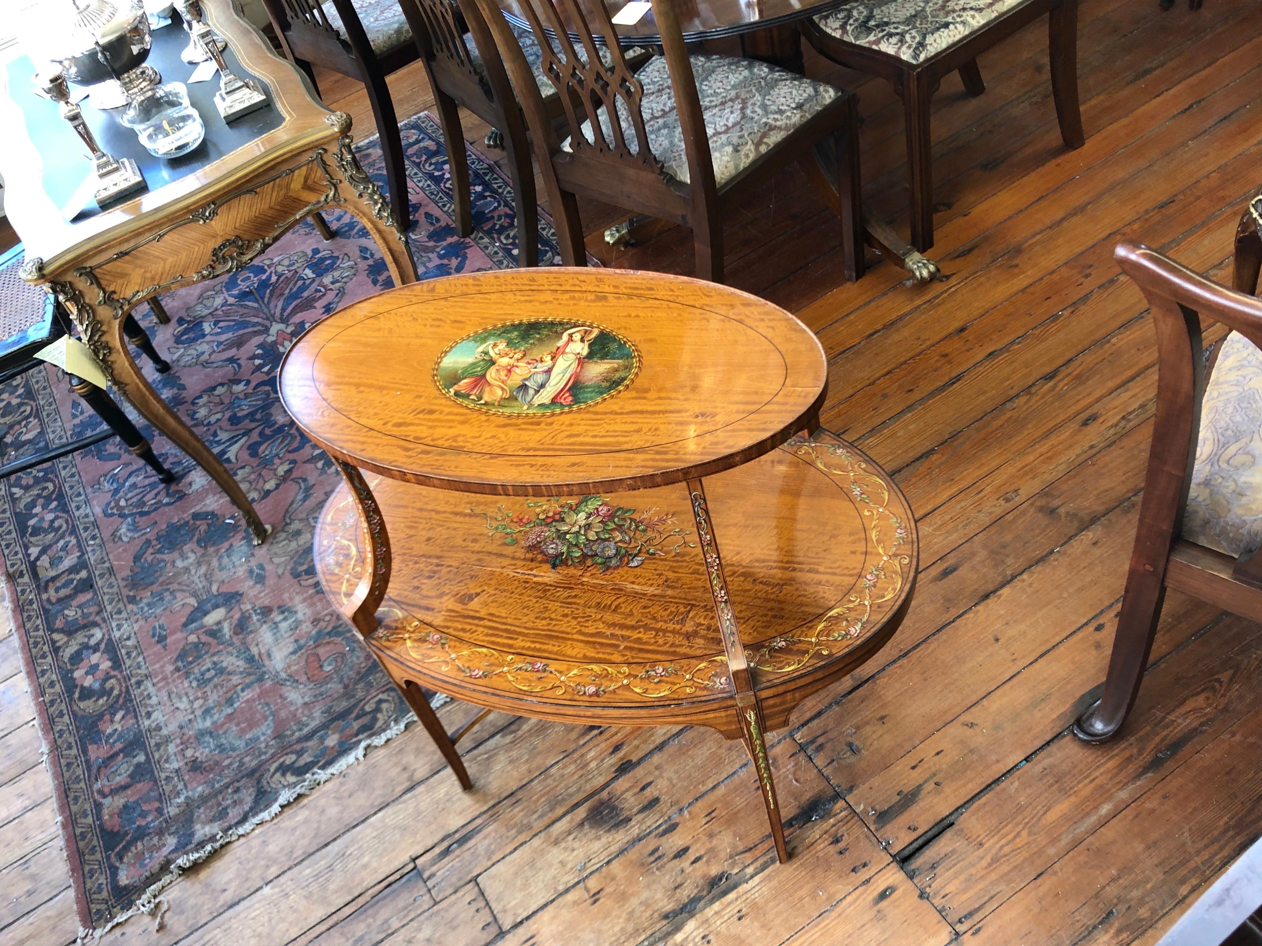 Fabulous Antique English Edwardian Adam Hand Painted Satinwood 2-Tier Oval Table For Sale 3
