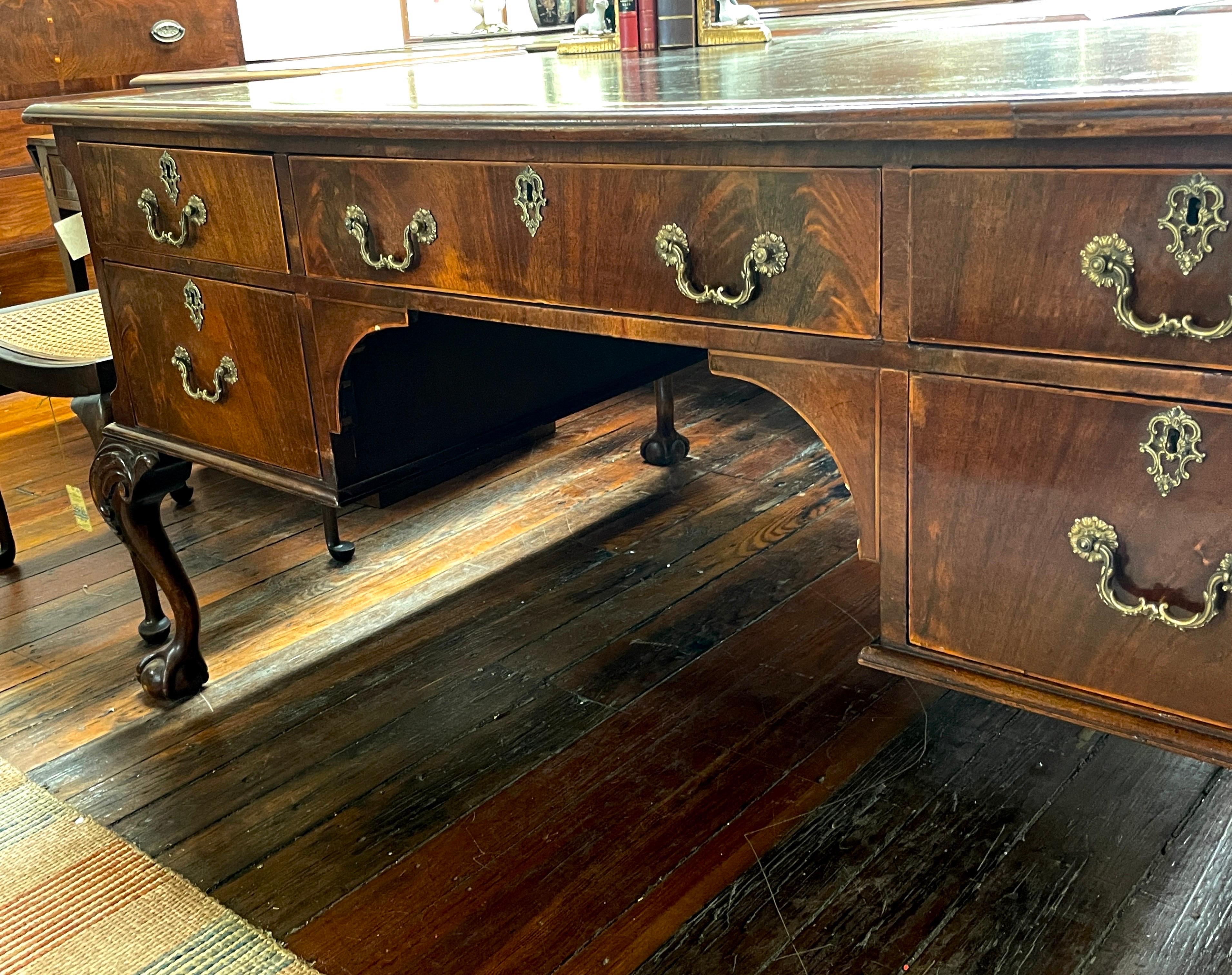 Fabulous Antique English Flame Mahog. Chippendale Style Large Desk w/leather For Sale 8