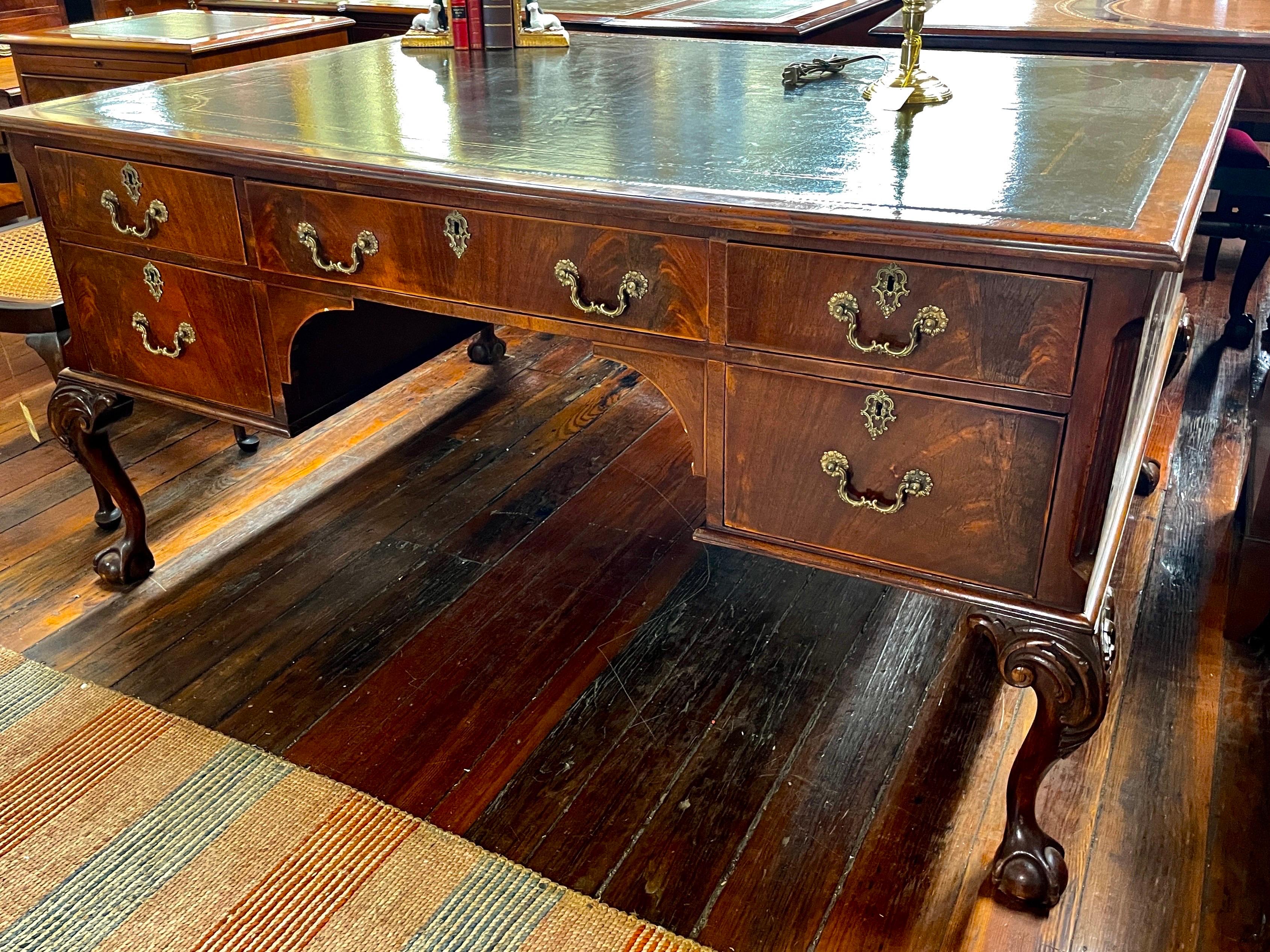 Fabulous Antique English Flame Mahog. Chippendale Style Large Desk w/leather For Sale 13