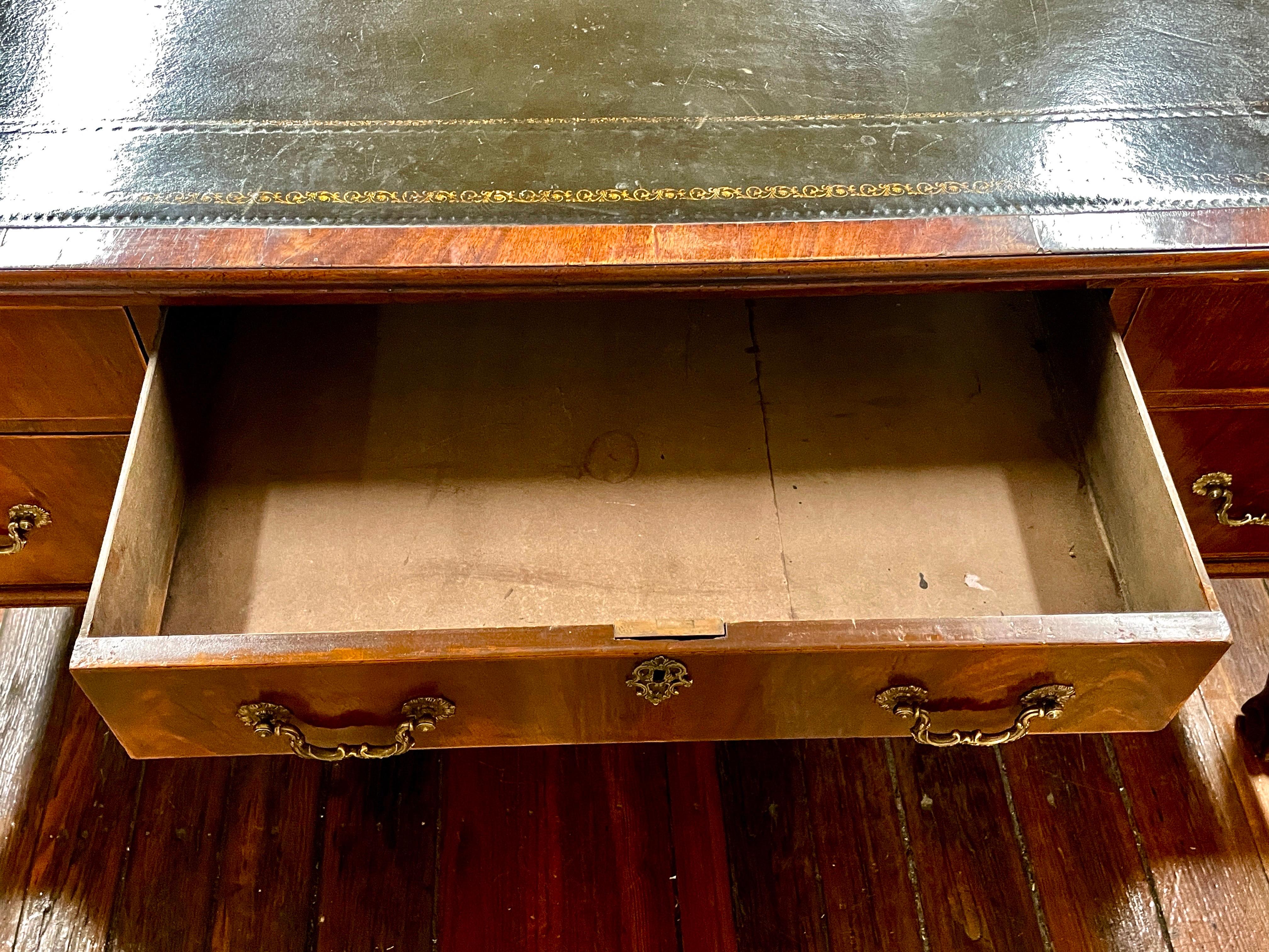 Fabulous Antique English Flame Mahog. Chippendale Style Large Desk w/leather In Good Condition In CHARLESTON, SC
