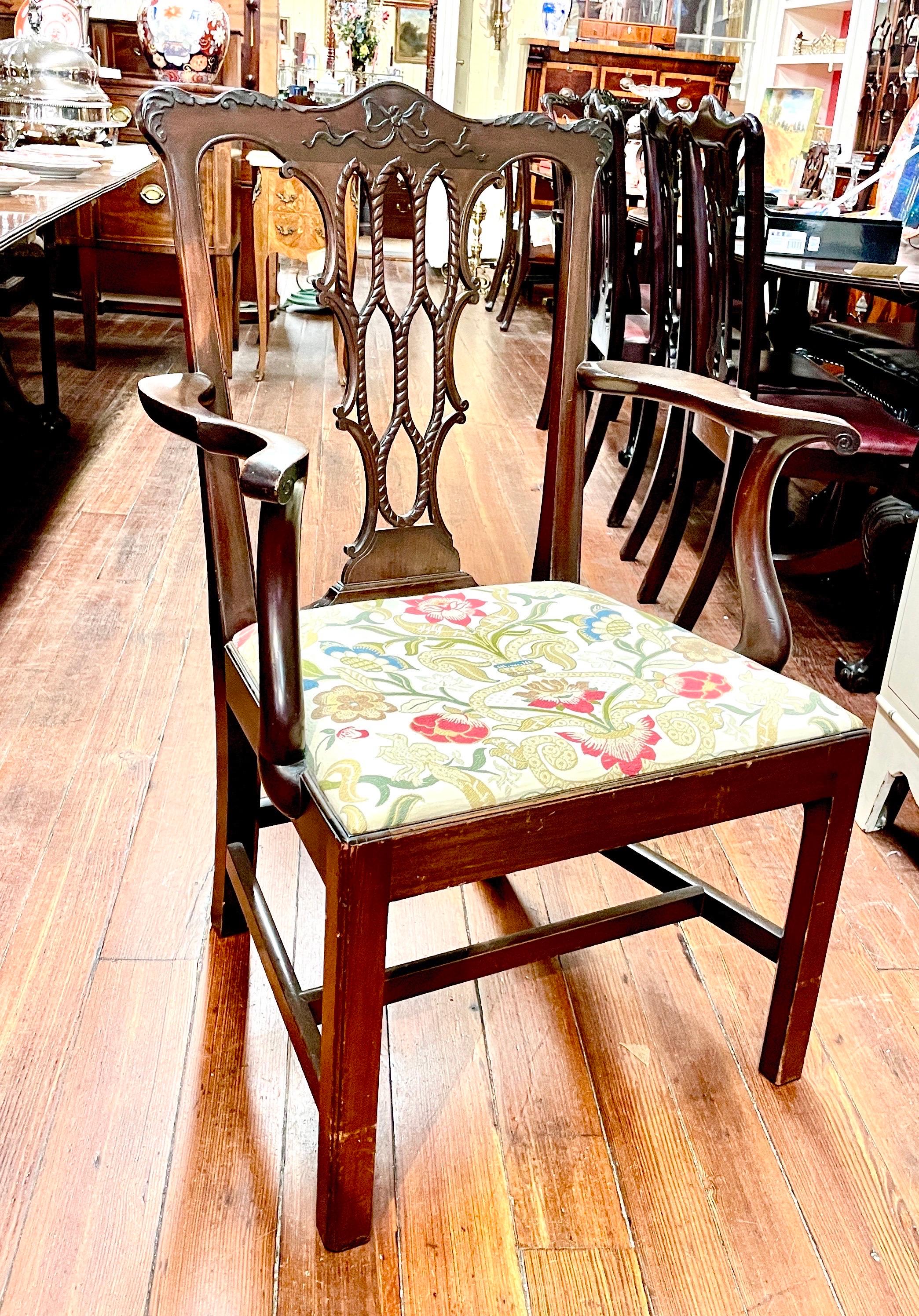 19th Century Fabulous Antique English Hand Carved Mahog, Chippendale Style Armchair W/Crewel