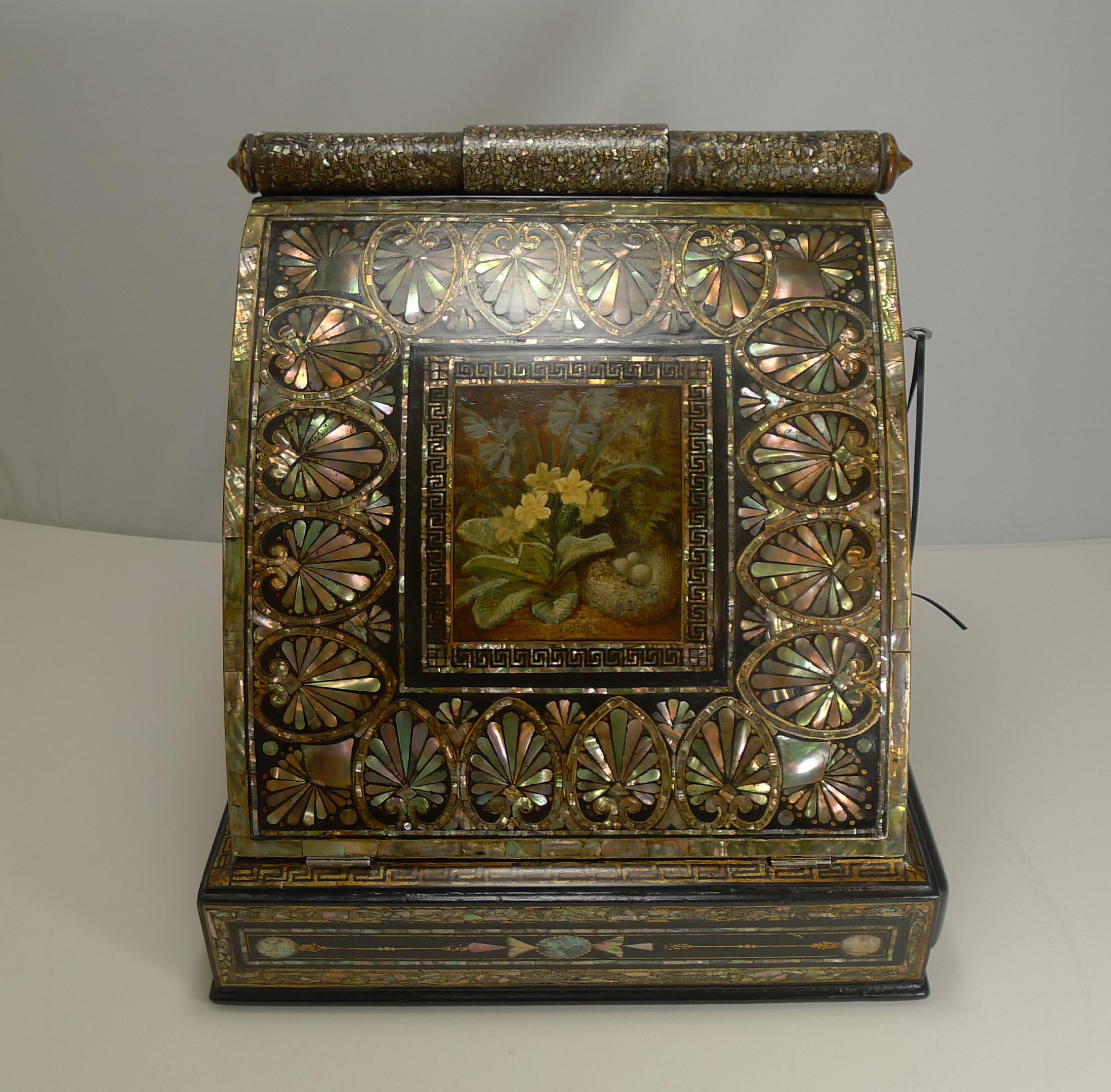 Fabulous Antique English Mother of Pearl Inlaid Papier Mâché Writing Box 6