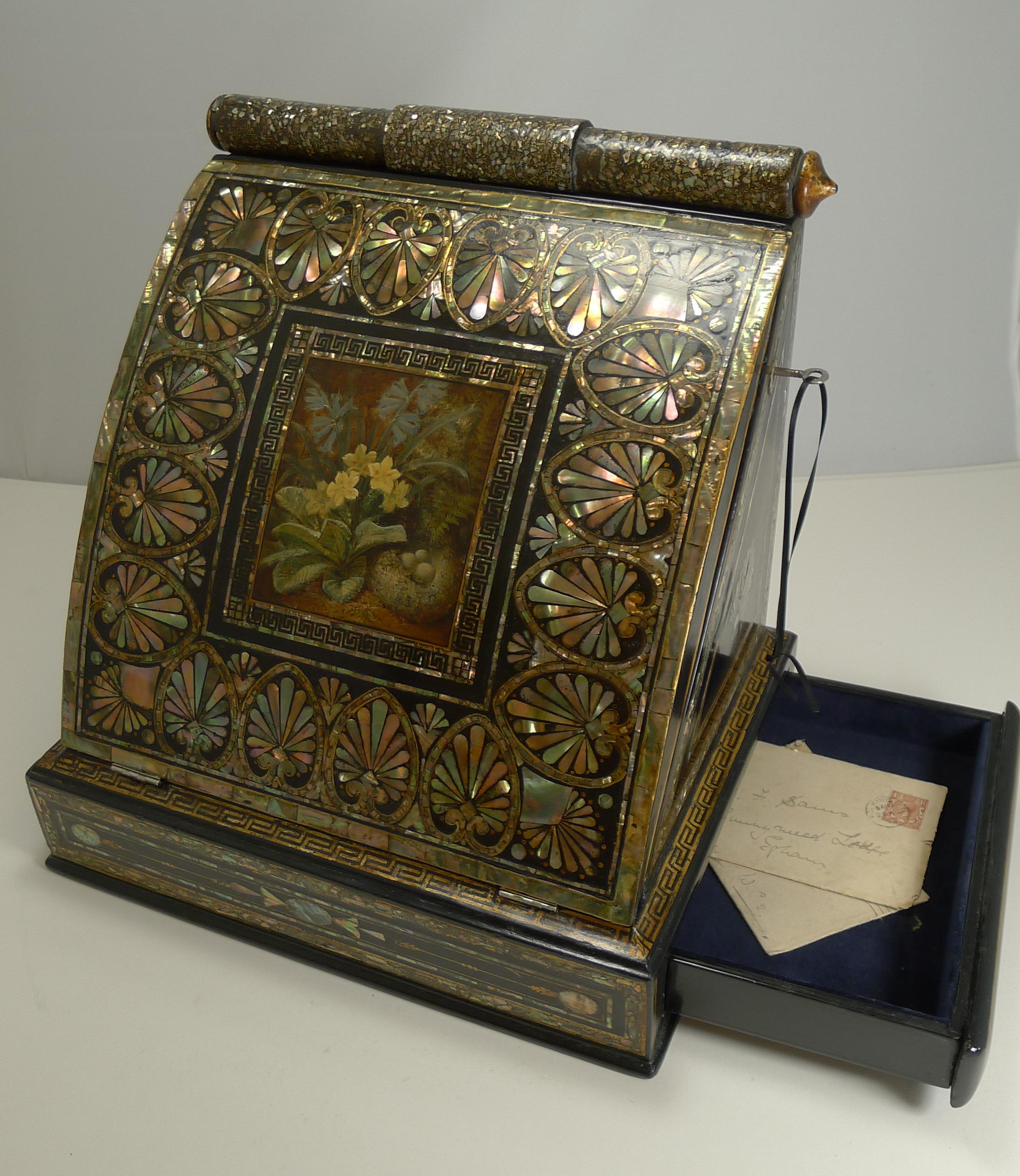 Late 19th Century Fabulous Antique English Mother of Pearl Inlaid Papier Mâché Writing Box