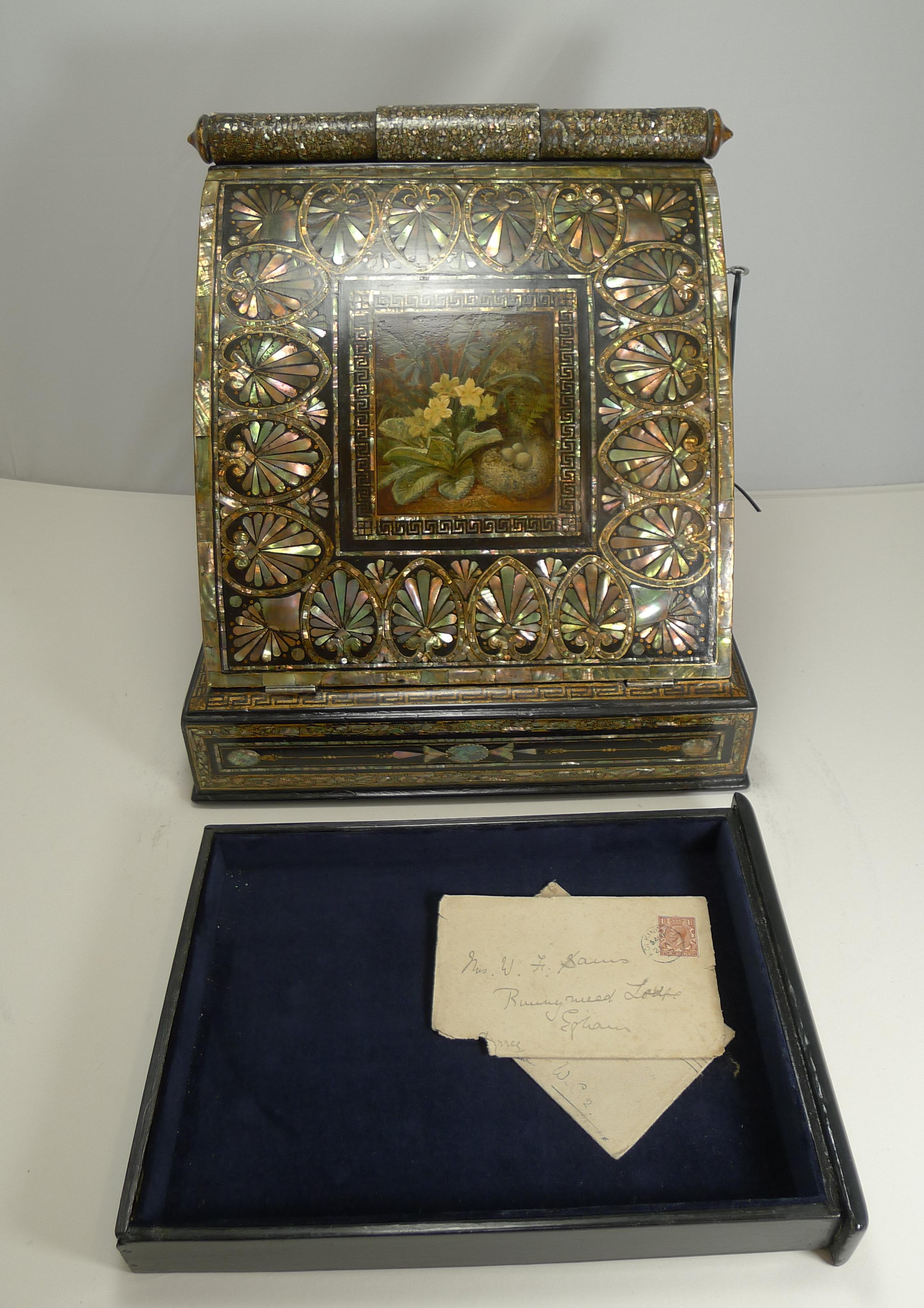 Fabulous Antique English Mother of Pearl Inlaid Papier Mâché Writing Box 1