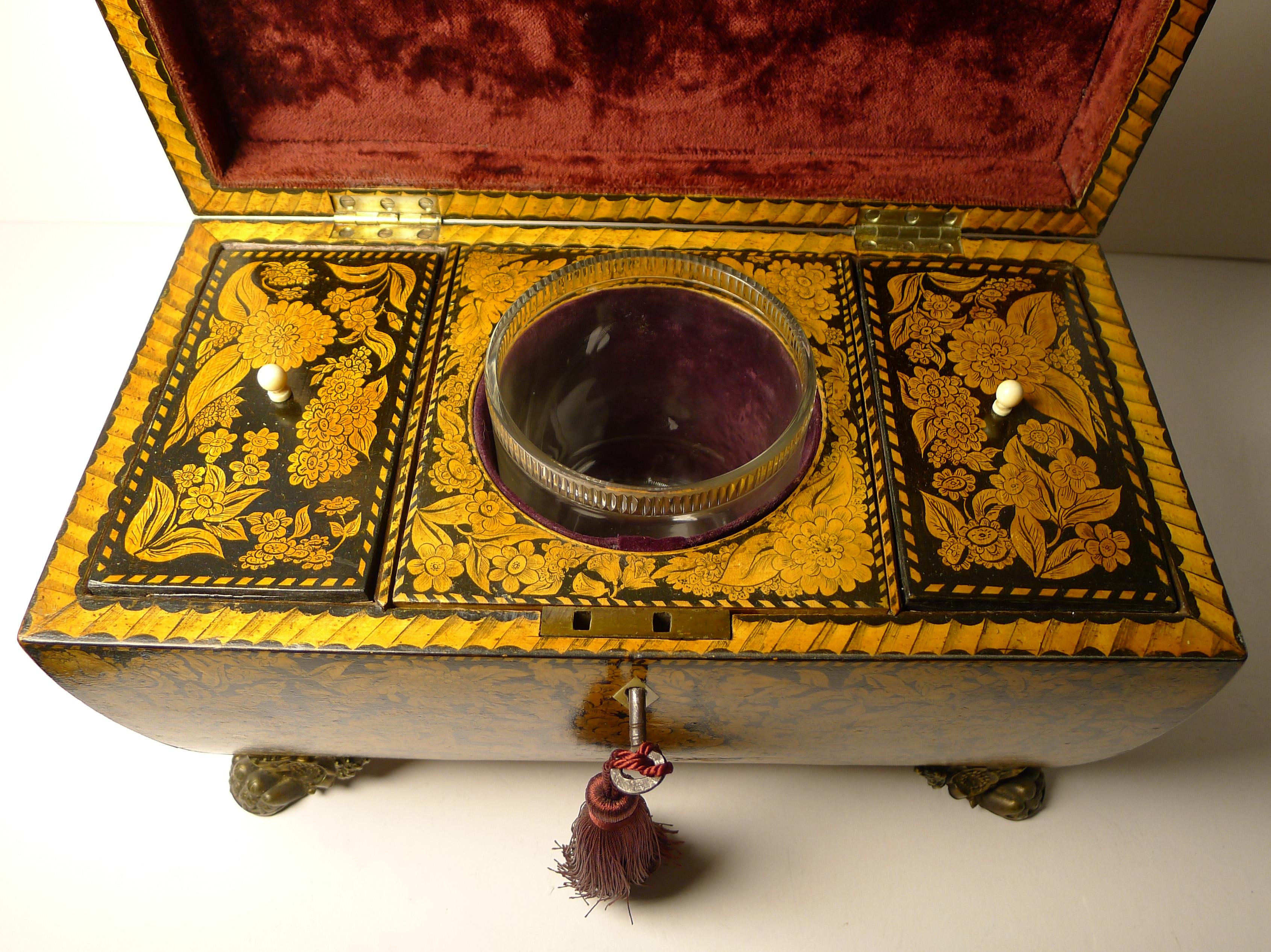 Regency Fabulous Antique English Penwork Double Compartment Tea Caddy c.1820 For Sale