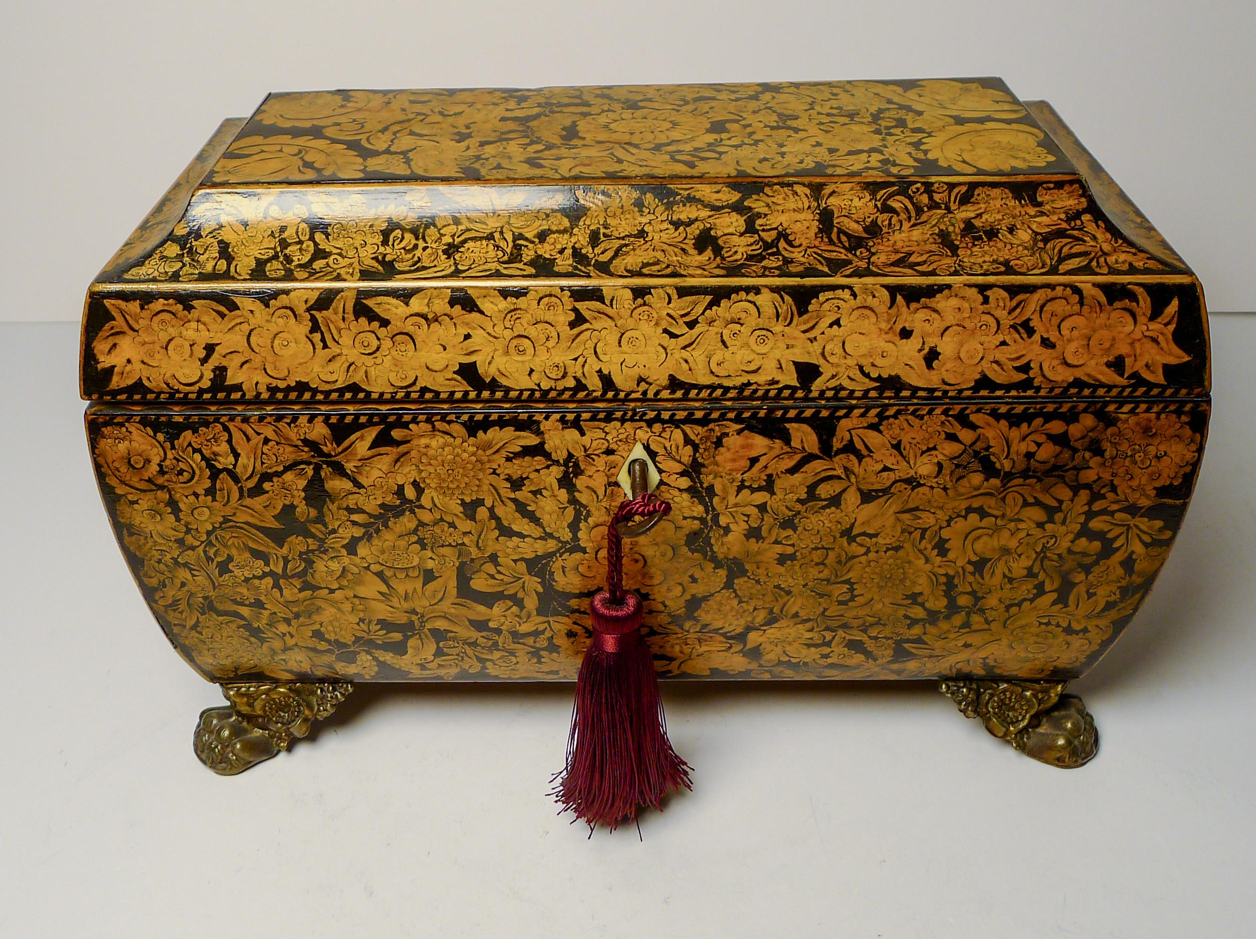 British Fabulous Antique English Penwork Double Compartment Tea Caddy c.1820 For Sale