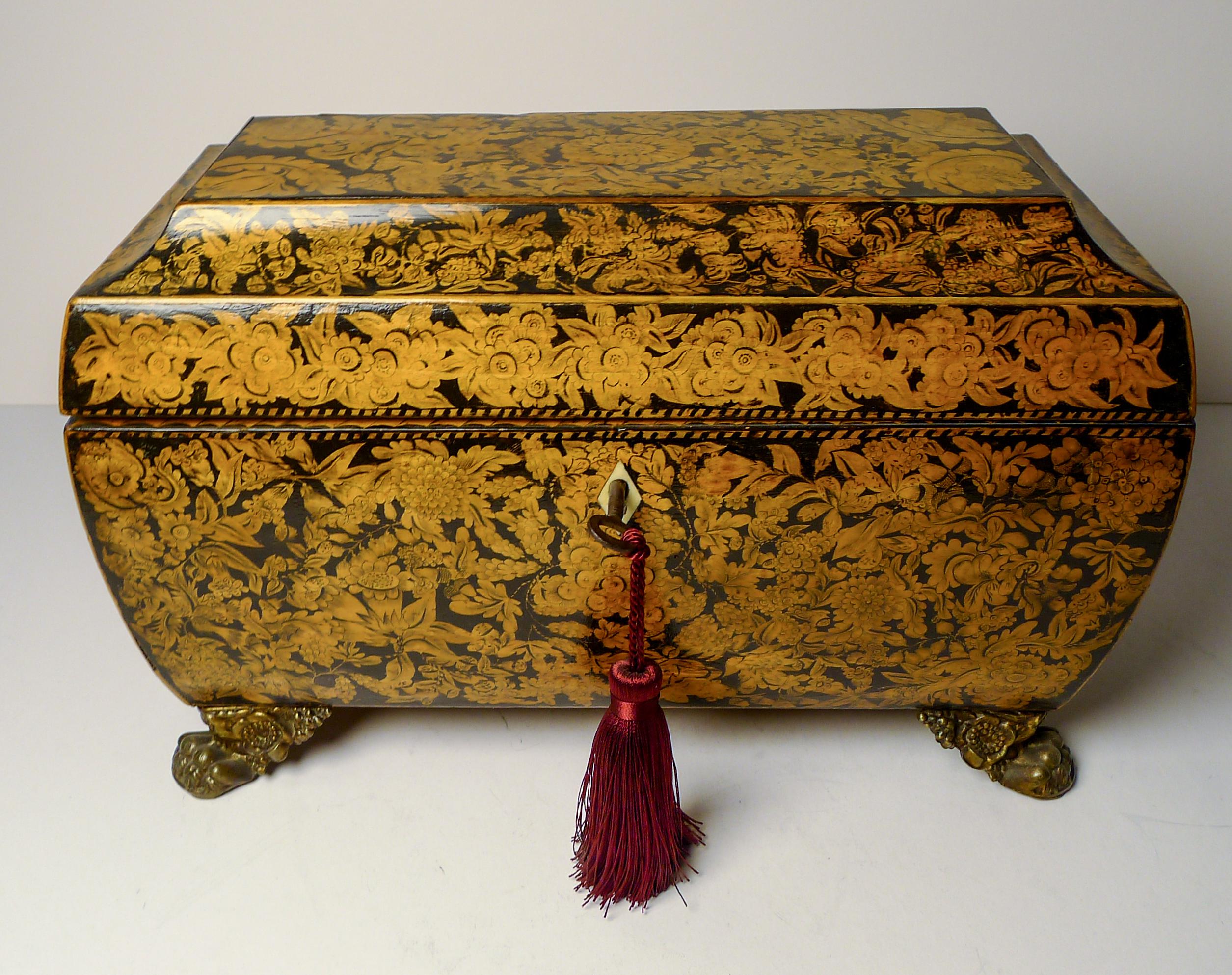 Wood Fabulous Antique English Penwork Double Compartment Tea Caddy c.1820 For Sale