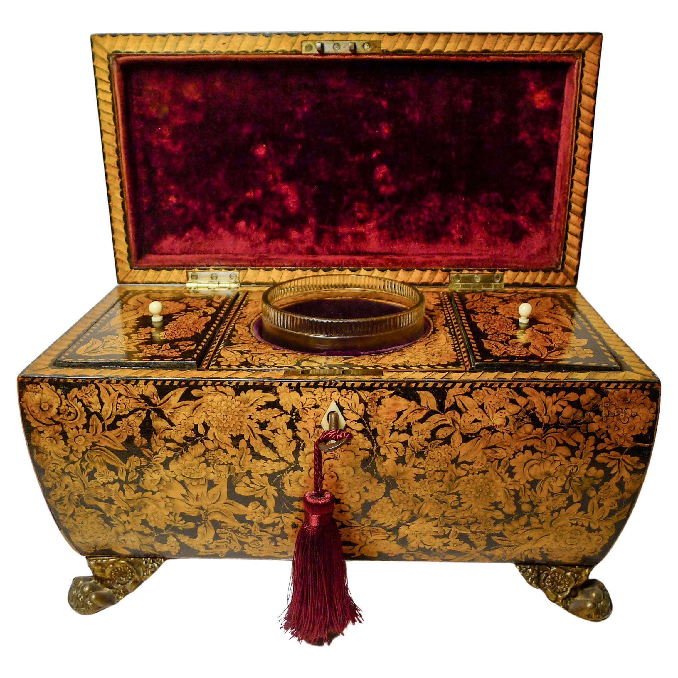 Fabulous Antique English Penwork Double Compartment Tea Caddy c.1820 For Sale