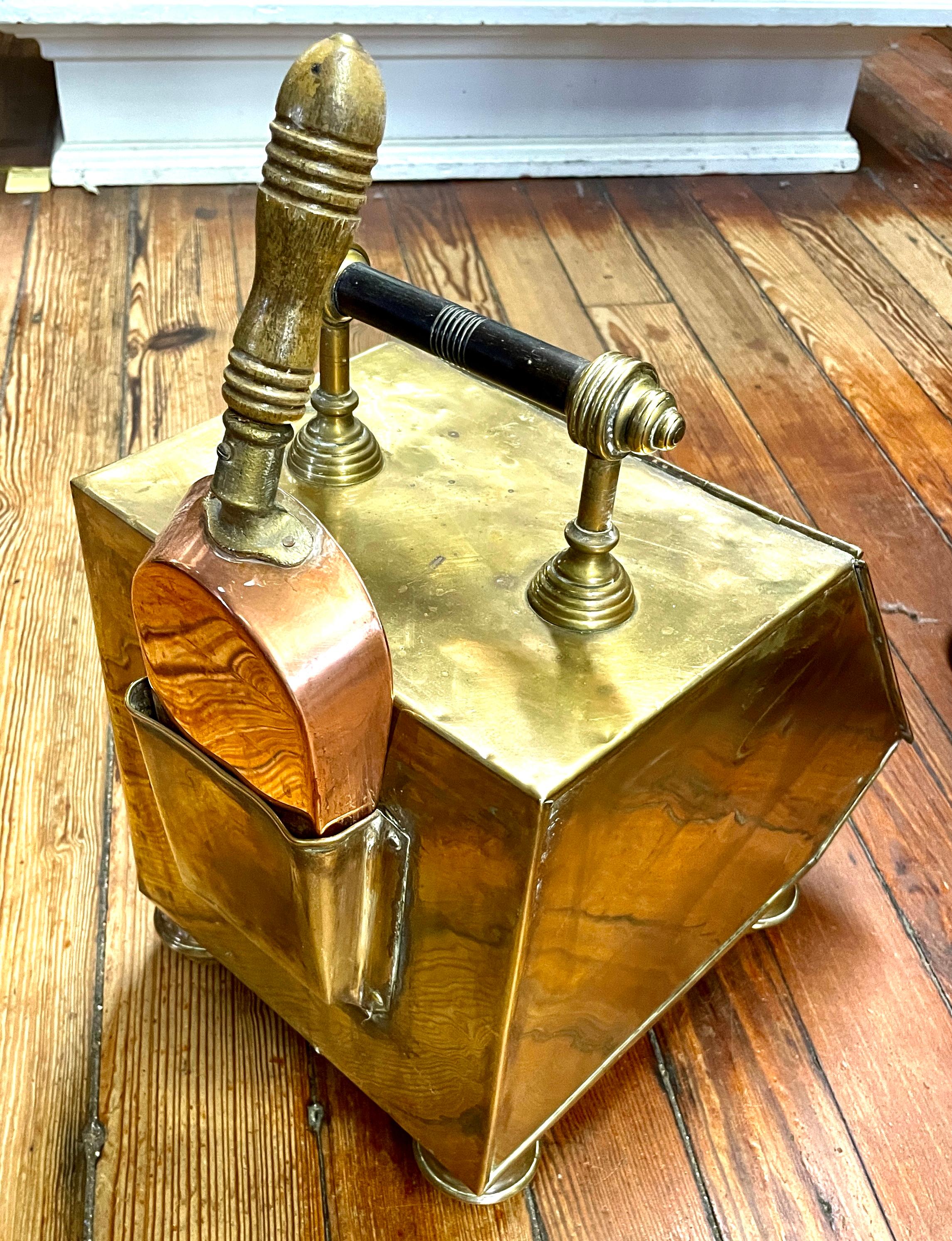 Fabulous Antique English SIGNED Brass and Copper Adam style slantfront Coal Hod For Sale 8