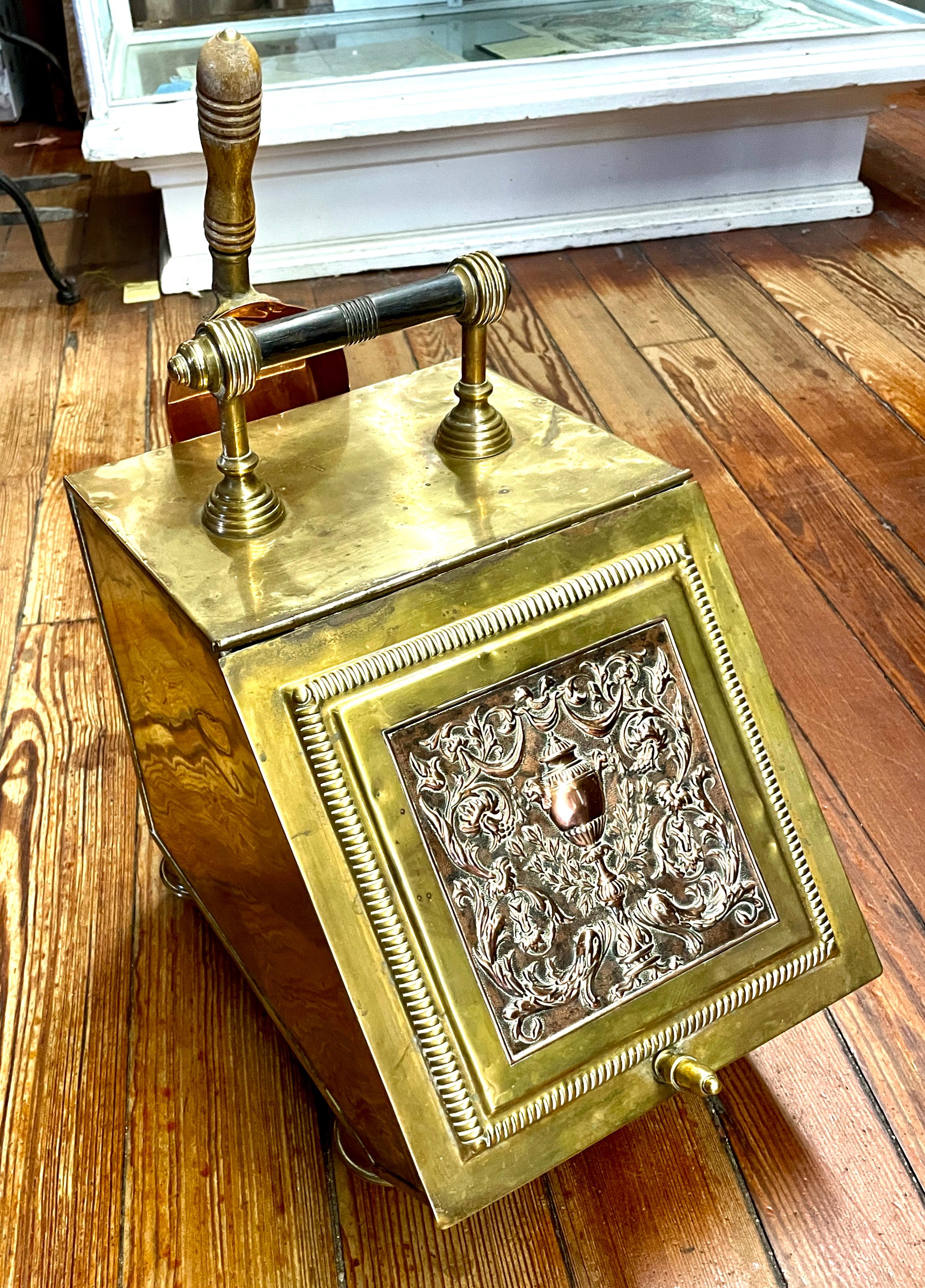 Fabulous Antique English SIGNED Brass and Copper Adam style slantfront Coal Hod For Sale 11