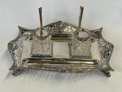 Fabulous Antique English Sterling and Cut Glass Hand Pierced Double Inkstand