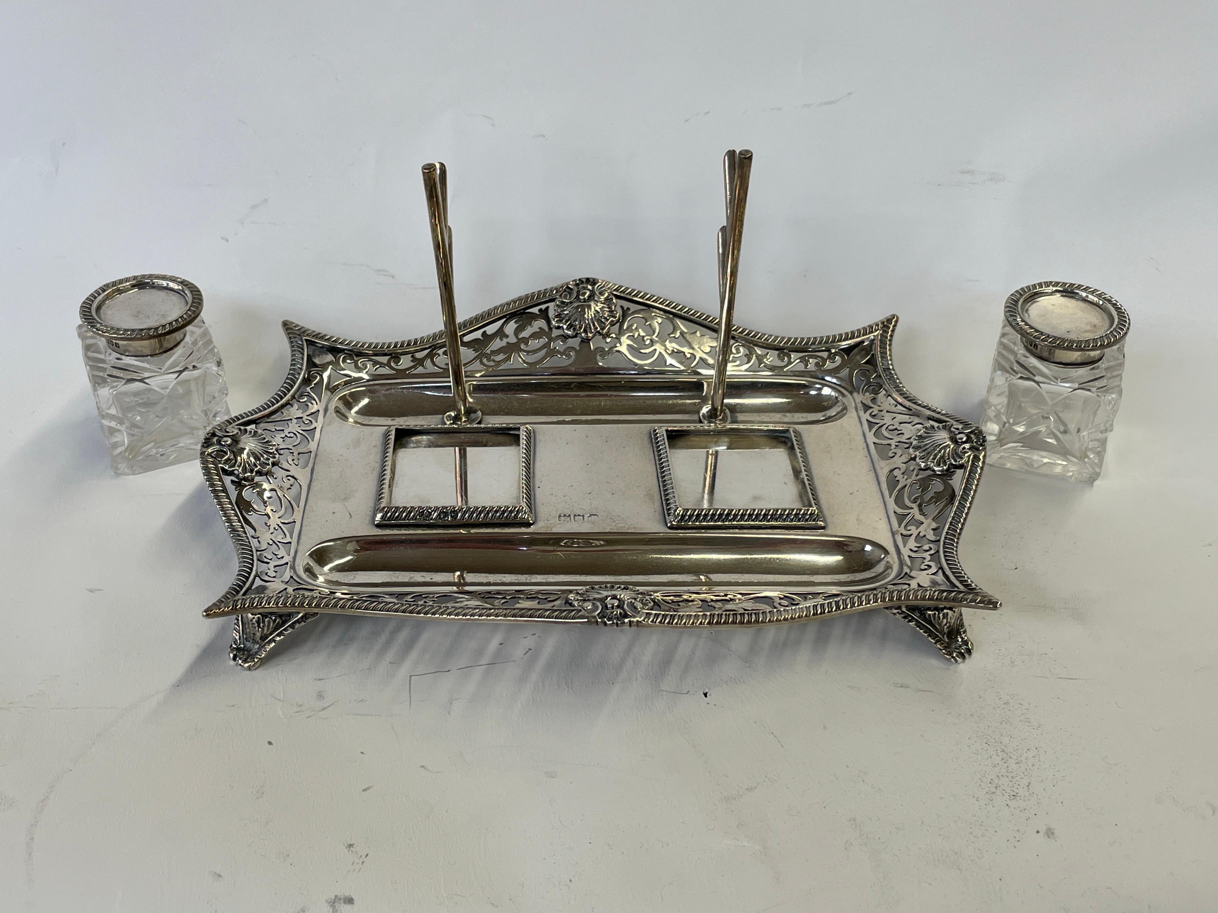 Silver Fabulous Antique English Sterling and Cut Glass Hand Pierced Double Inkstand For Sale