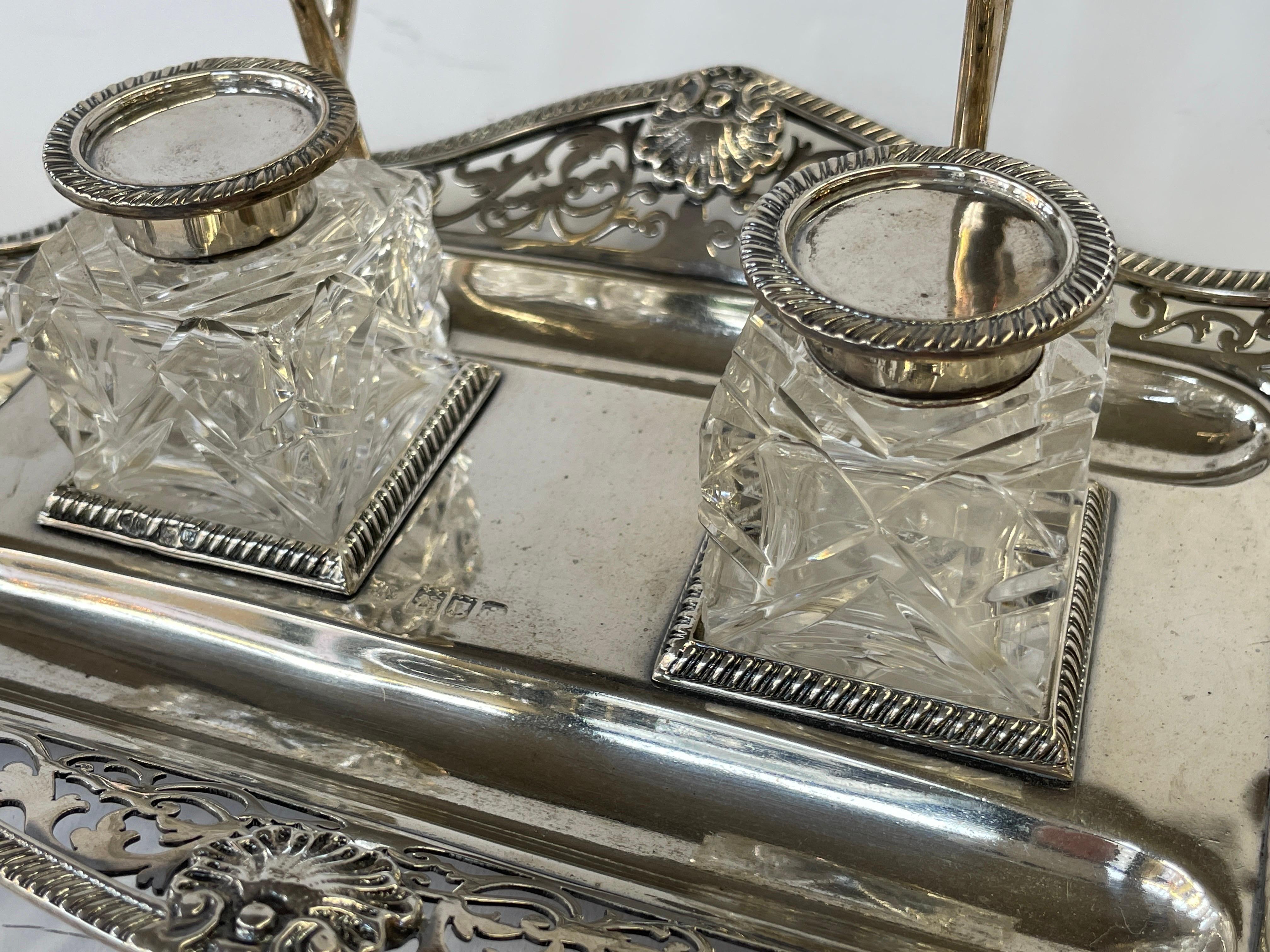 Fabulous Antique English Sterling and Cut Glass Hand Pierced Double Inkstand For Sale 1