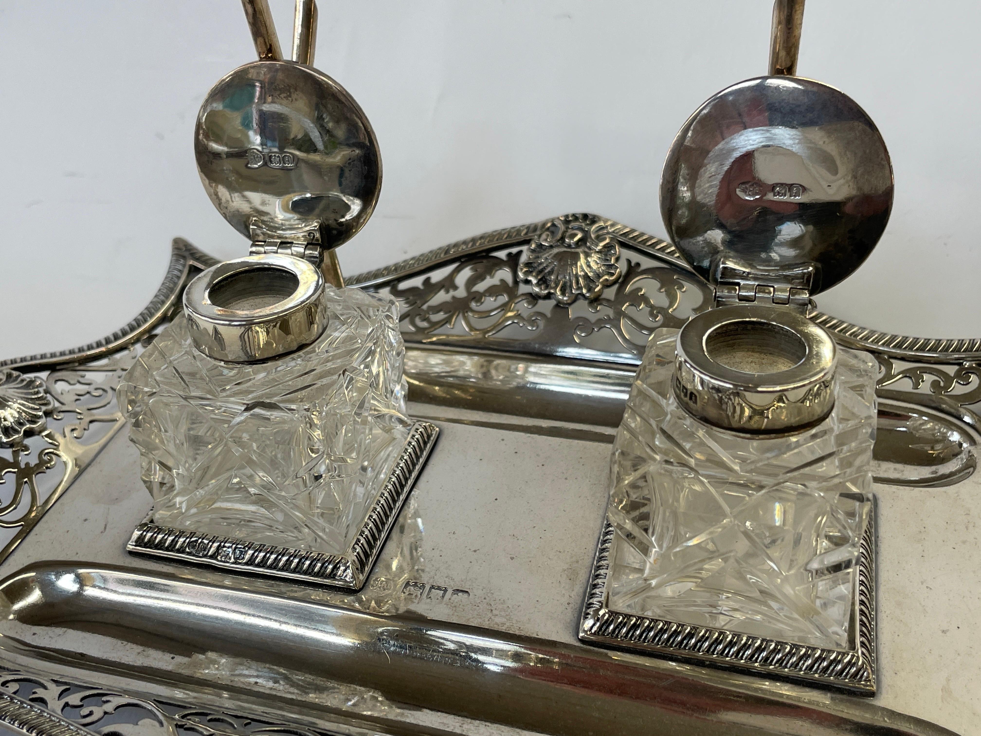Fabulous Antique English Sterling and Cut Glass Hand Pierced Double Inkstand For Sale 2