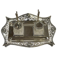 Fabulous Antike Englisch Sterling und geschliffenem Glas Hand durchbohrt Double Inkstand