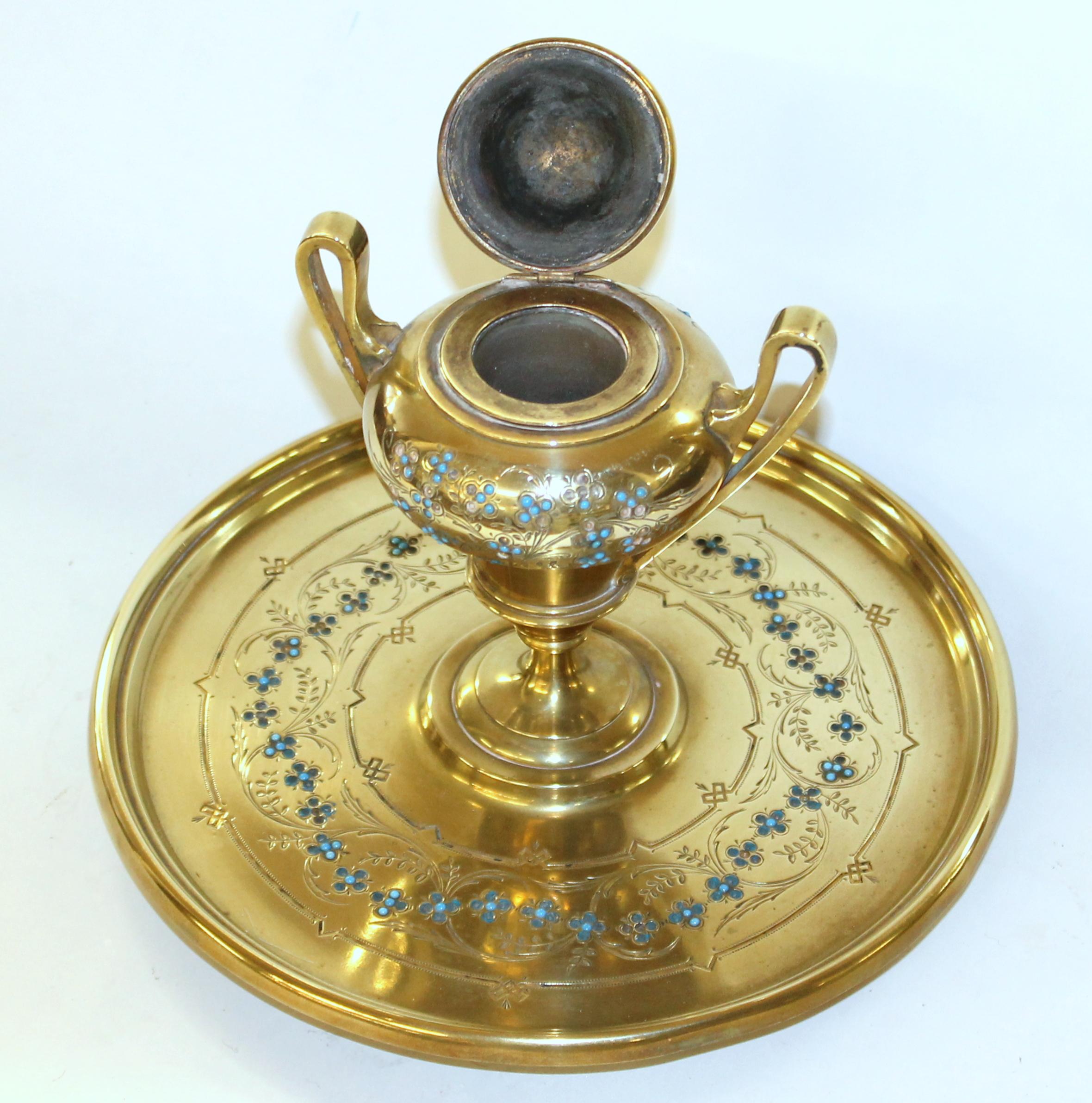 Fabulous Antique French Hand Engraved and Enameled Cast Brass Circular Inkstand For Sale 5