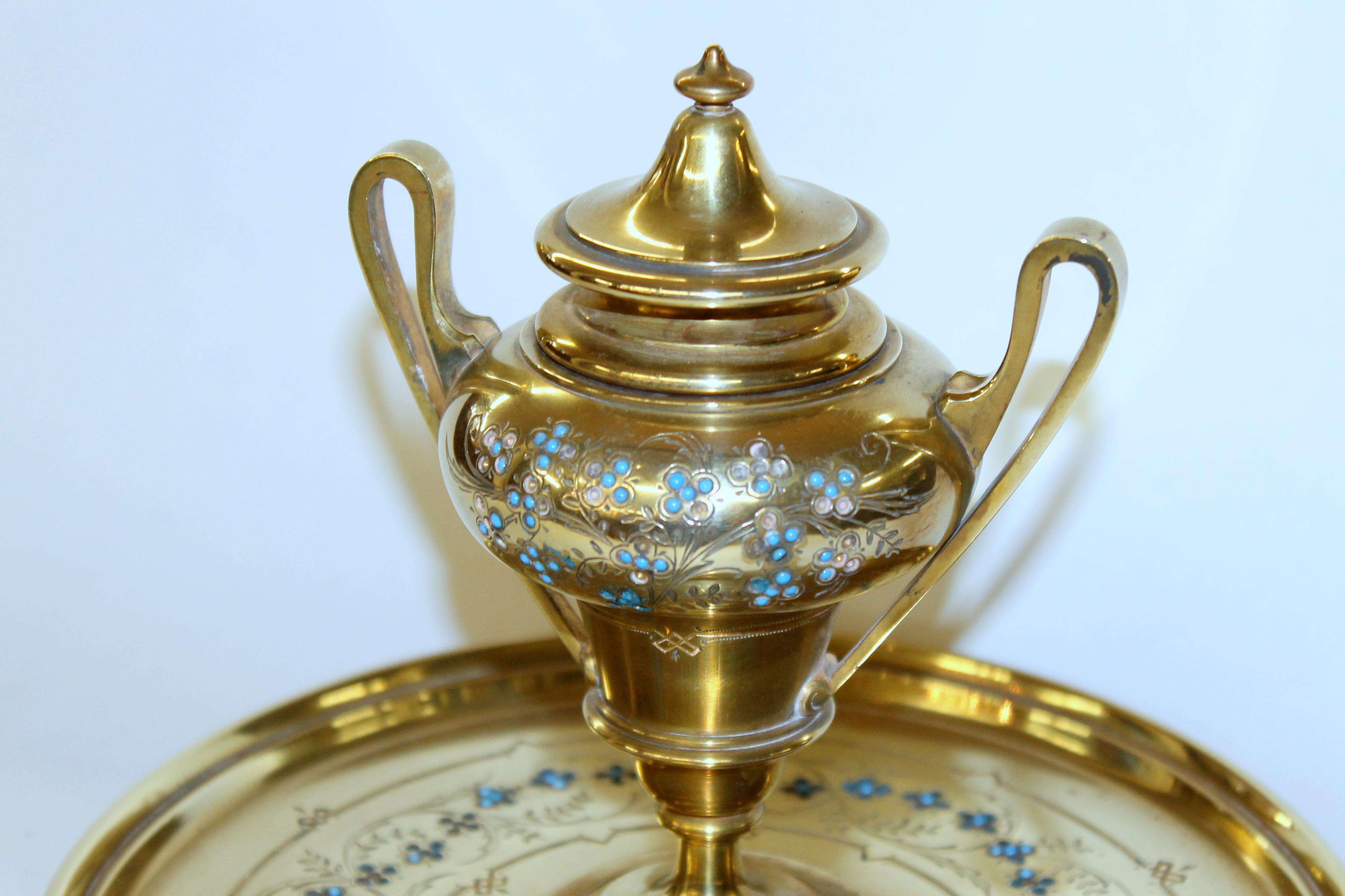 Fabulous Antique French Hand Engraved and Enameled Cast Brass Circular Inkstand For Sale 7