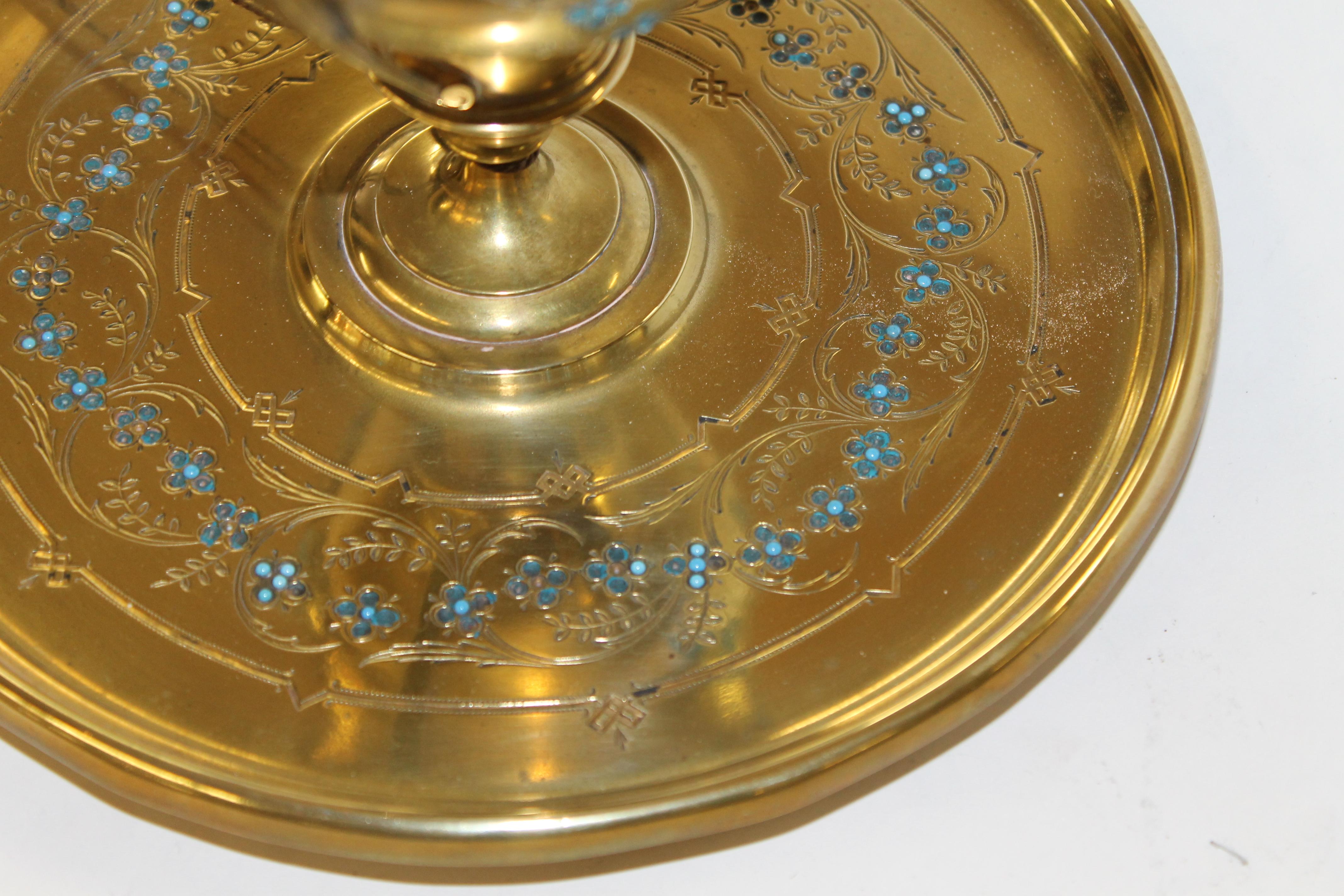 Antique French engraved and enameled ormolu cast brass circular inkstand with original brass trimmed glass ink cup.
(Some enameling A/F and illustrated as such) Mostly in superb condition.
 