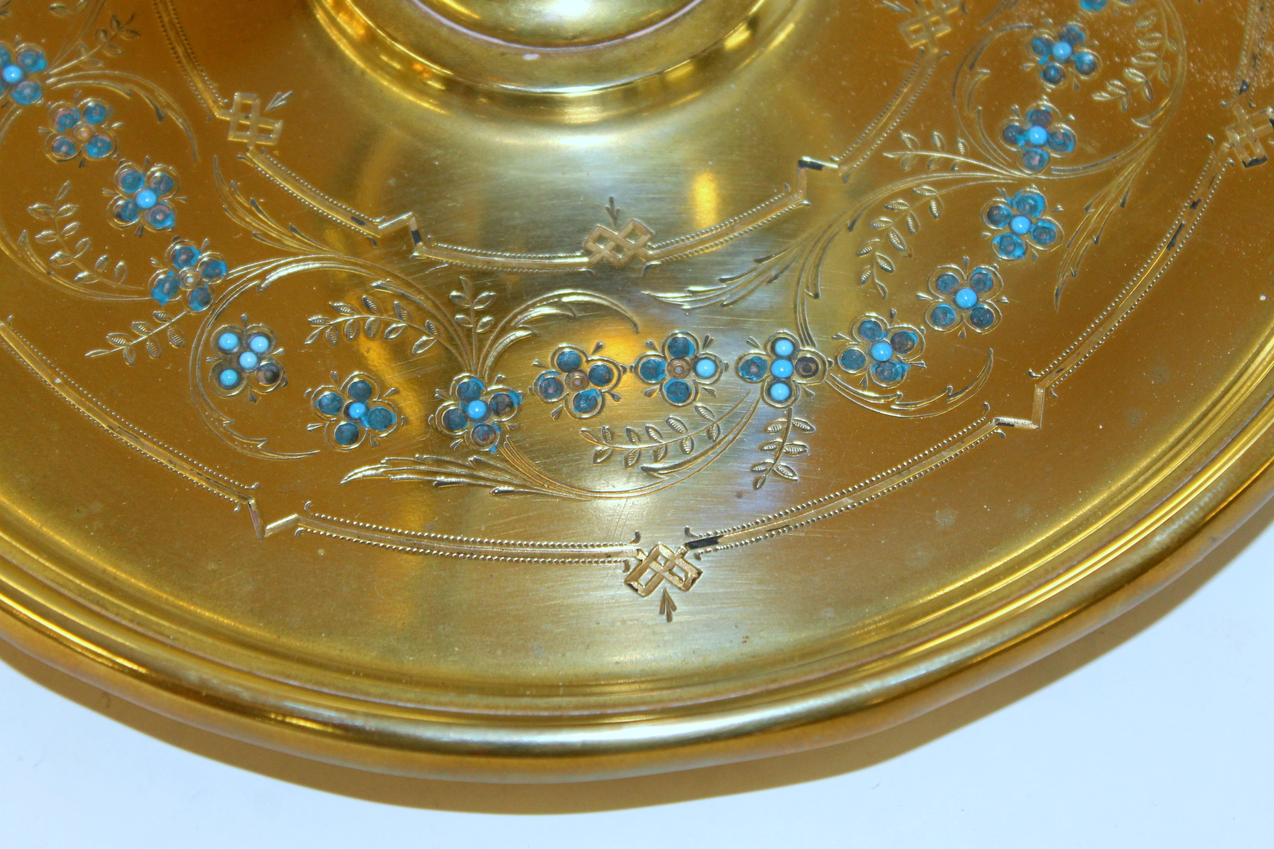 Fabulous Antique French Hand Engraved and Enameled Cast Brass Circular Inkstand In Good Condition For Sale In CHARLESTON, SC