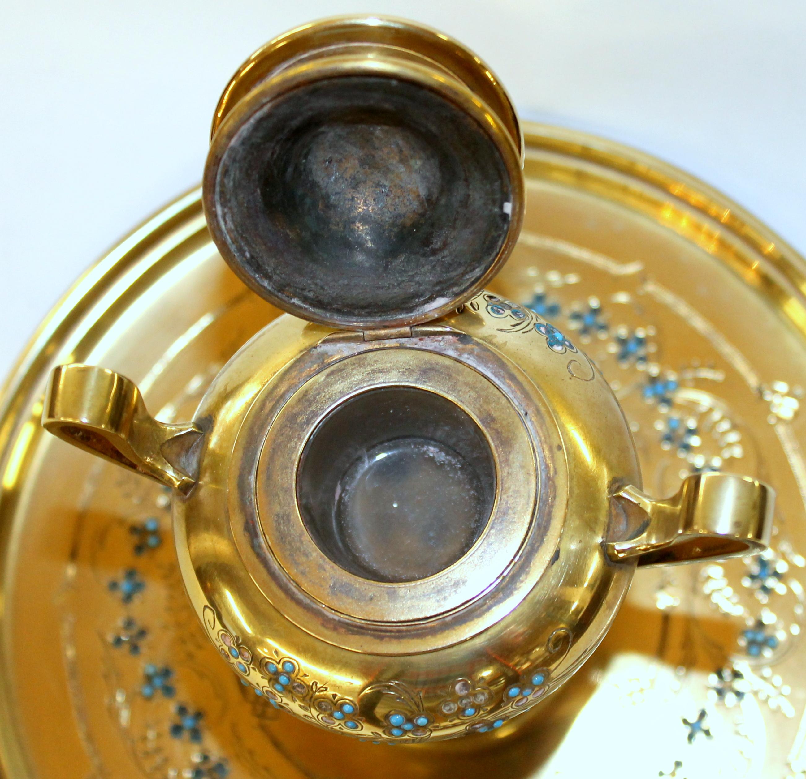 Fabulous Antique French Hand Engraved and Enameled Cast Brass Circular Inkstand For Sale 2