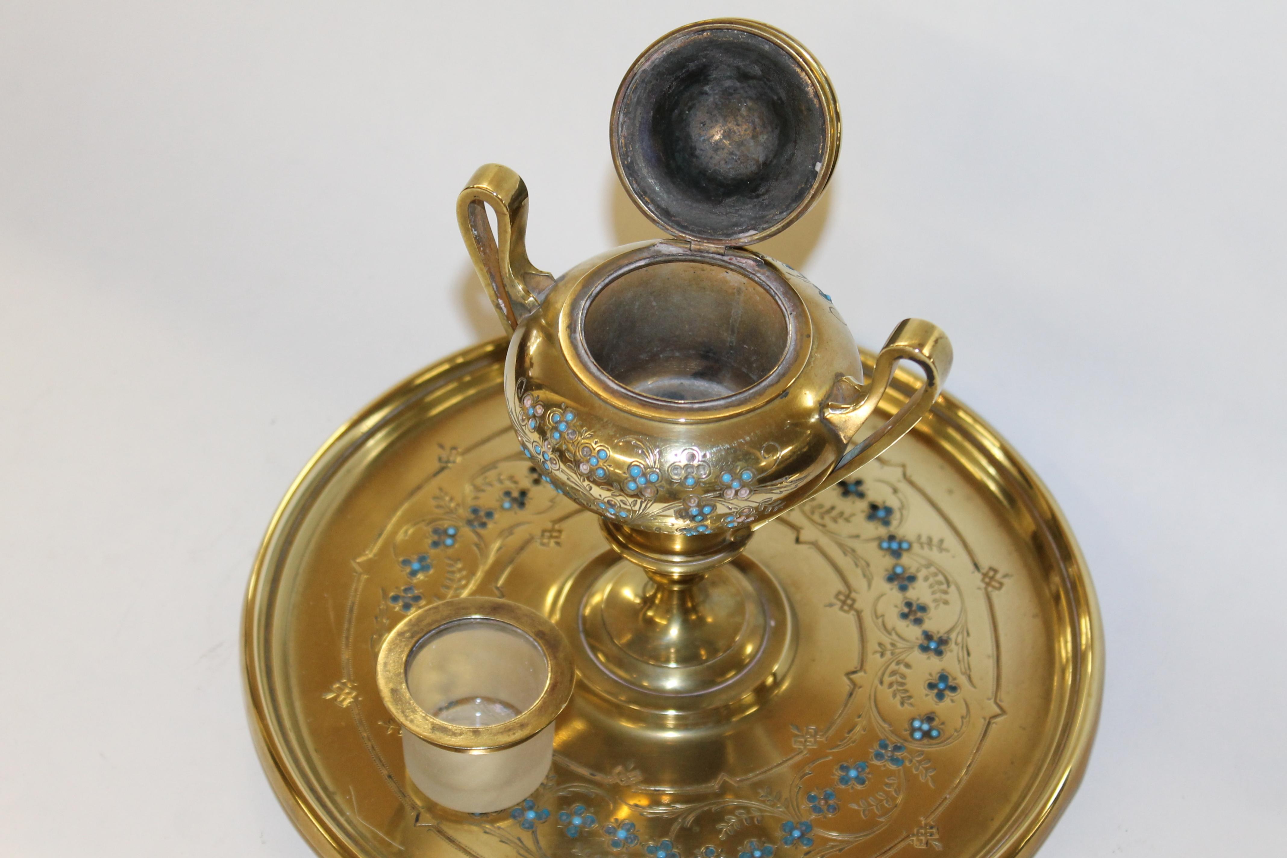Fabulous Antique French Hand Engraved and Enameled Cast Brass Circular Inkstand For Sale 3