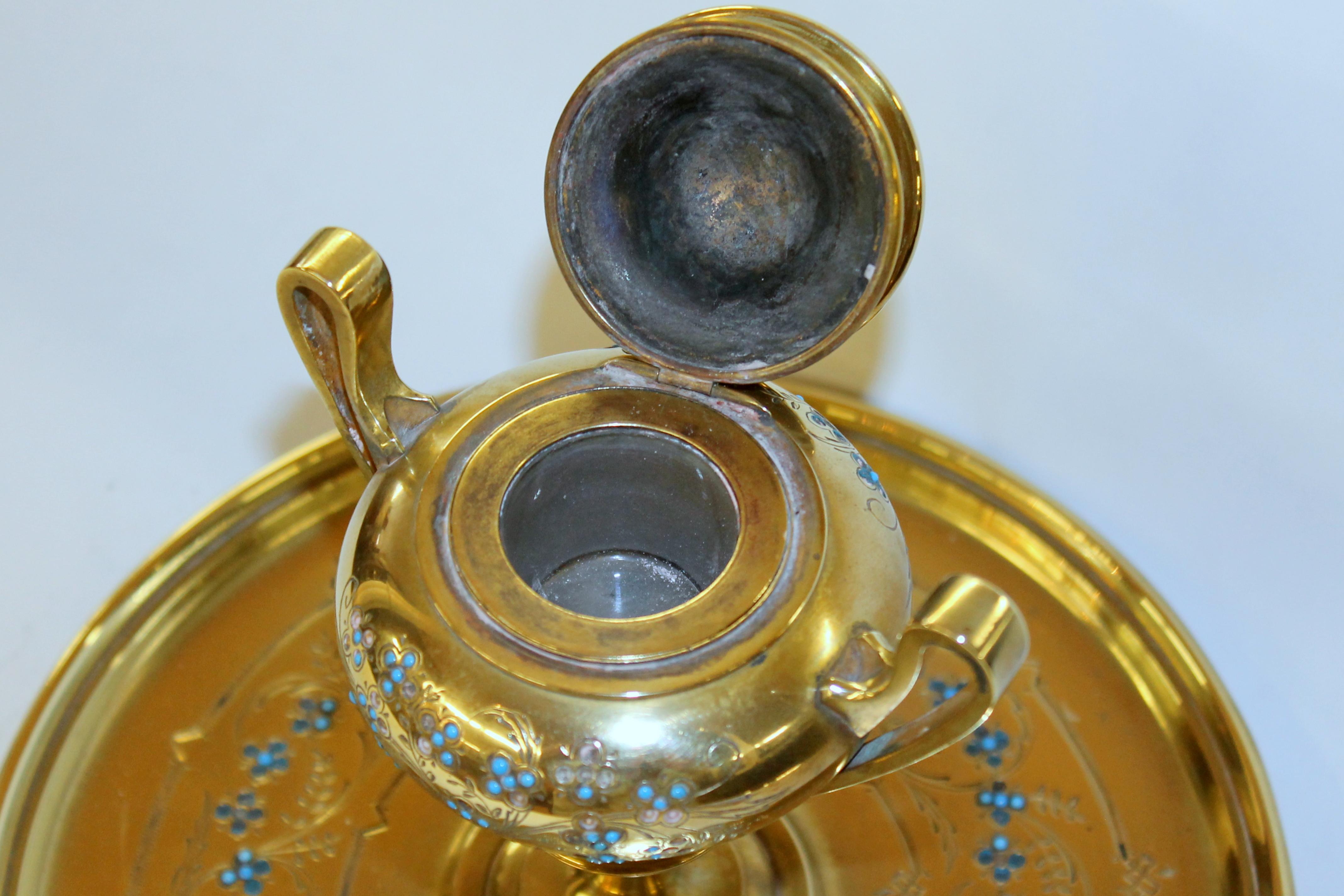 Fabulous Antique French Hand Engraved and Enameled Cast Brass Circular Inkstand For Sale 4