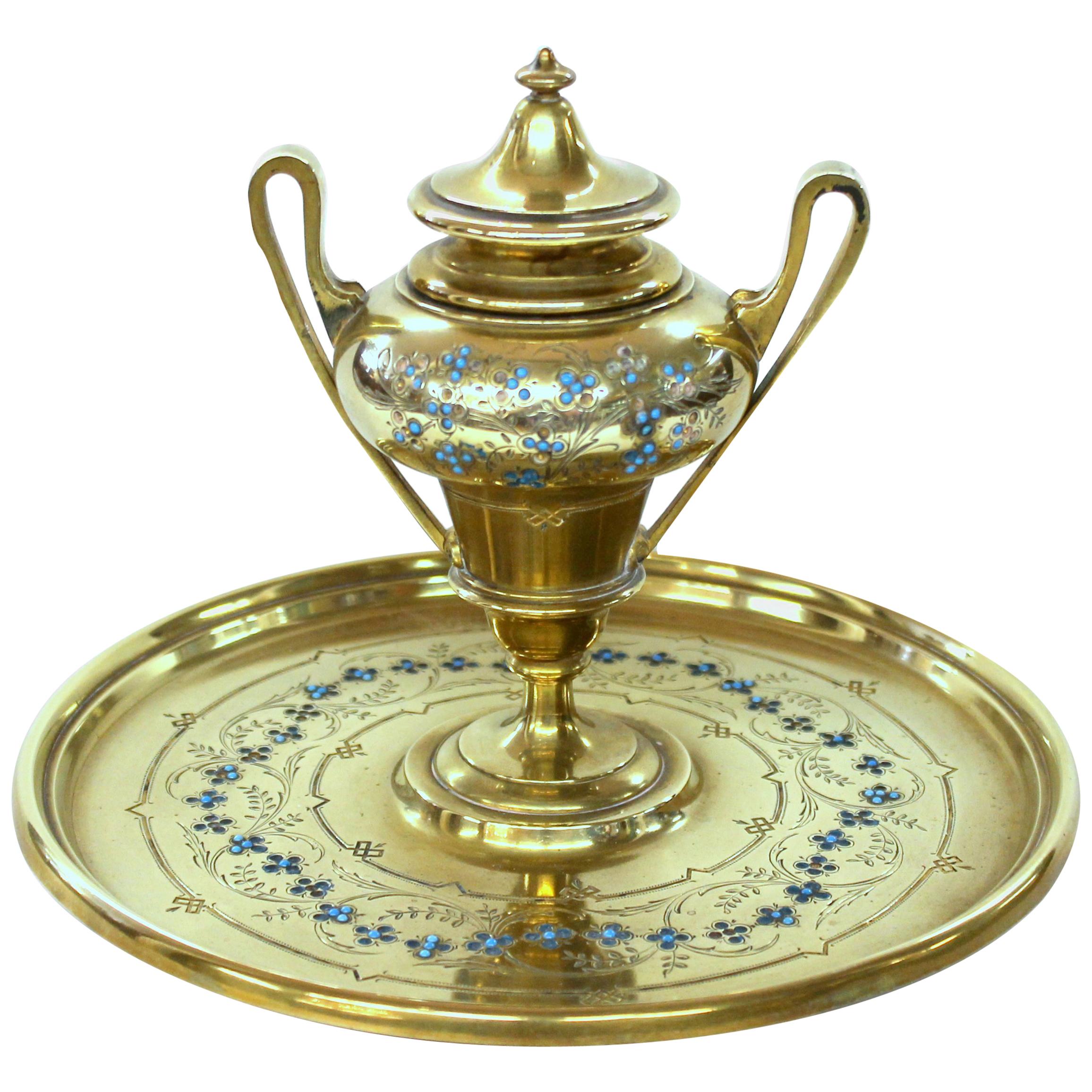 Fabulous Antique French Hand Engraved and Enameled Cast Brass Circular Inkstand For Sale