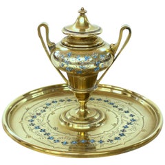 Fabulous Antique French Hand Engraved and Enameled Cast Brass Circular Inkstand