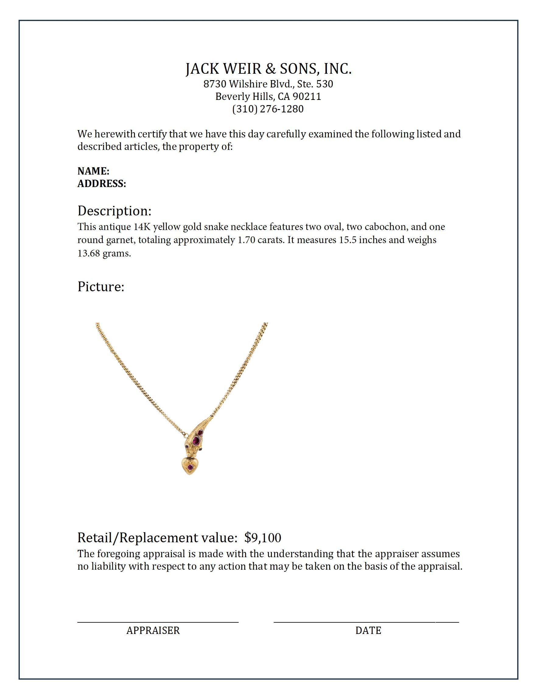 Fabulous antique garnet 14k yellow gold snake necklace In Excellent Condition In Beverly Hills, CA