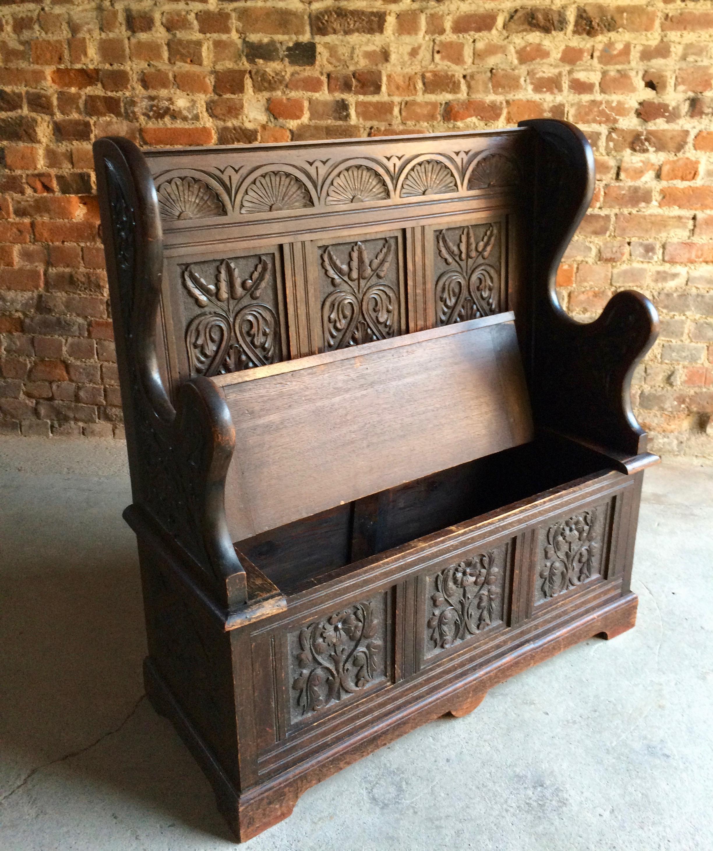 Fabulous Antique Hall Seat Box Settle Monks Bench Solid Oak Victorian 1
