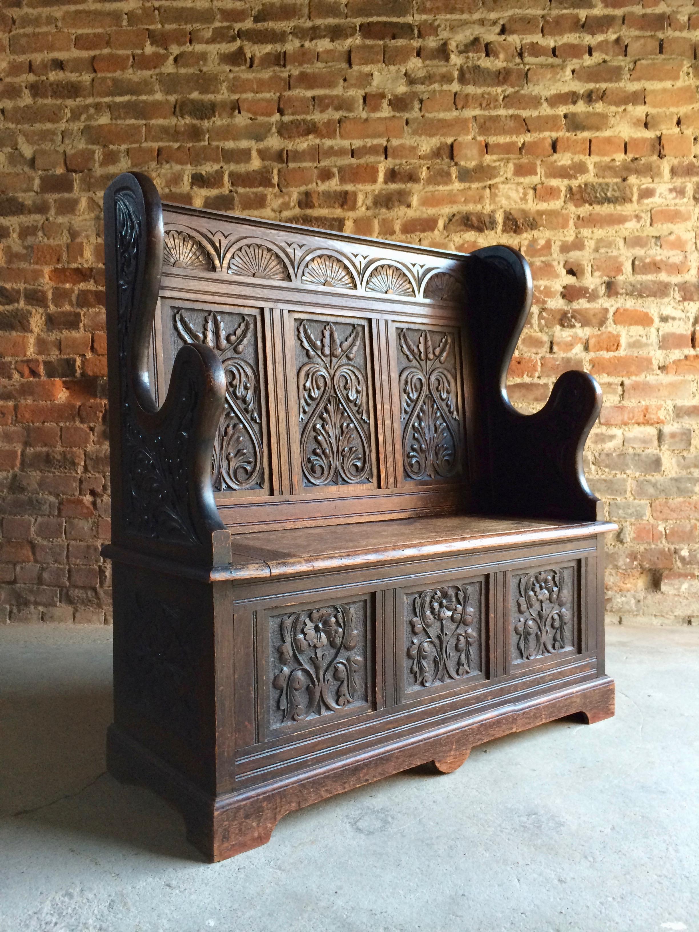 Fabulous Antique Hall Seat Box Settle Monks Bench Solid Oak Victorian 3