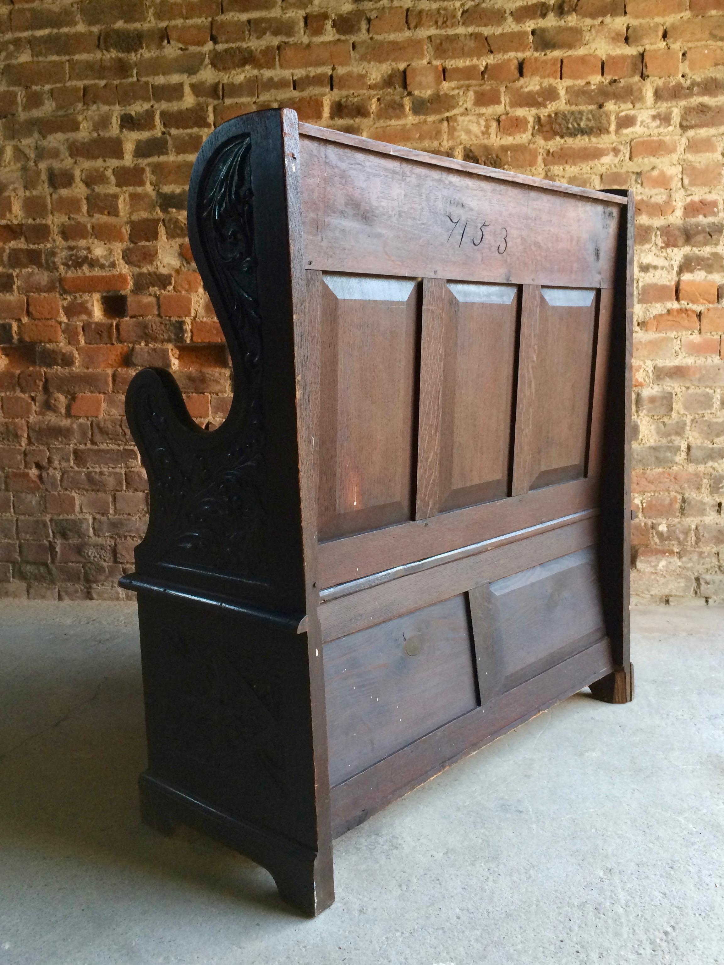 English Fabulous Antique Hall Seat Box Settle Monks Bench Solid Oak Victorian