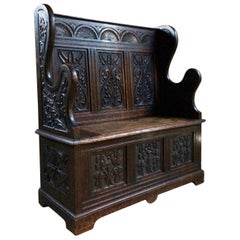 Fabulous Antique Hall Seat Box Settle Monks Bench Solid Oak Victorian
