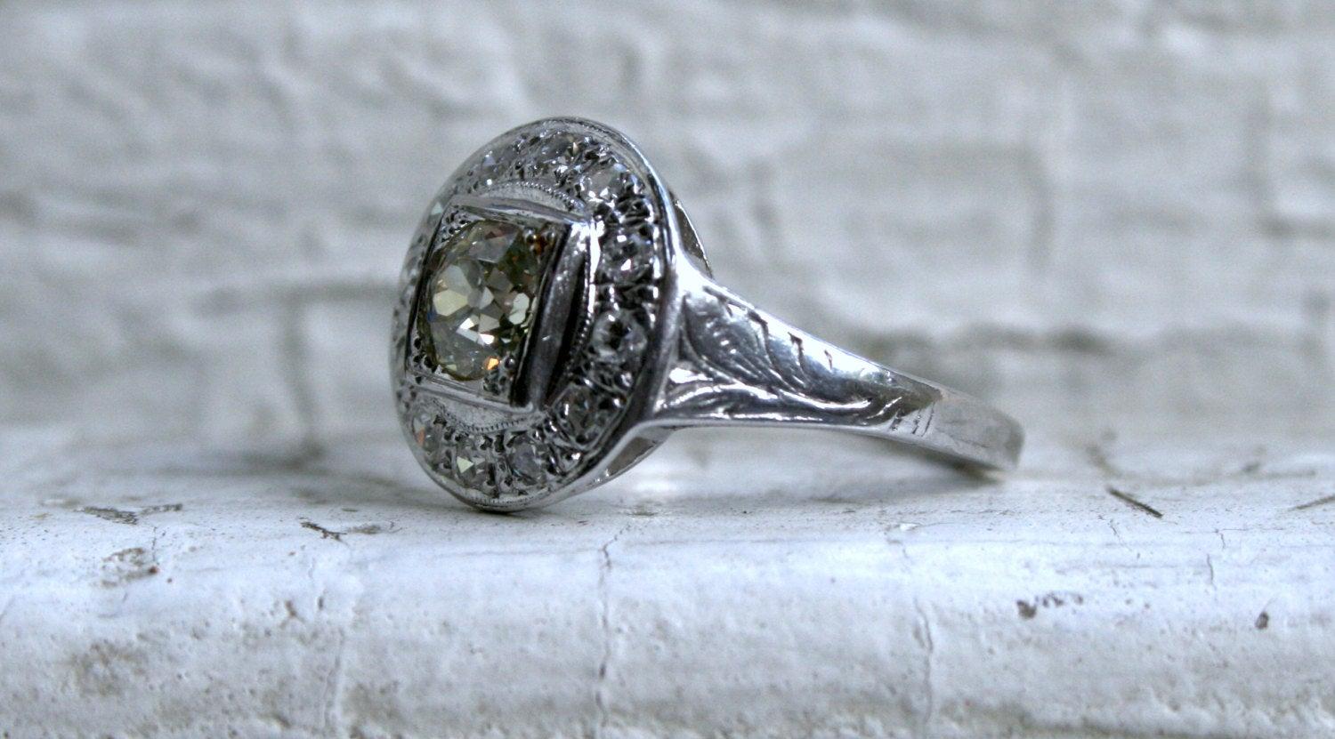Art Deco Fabulous Antique Platinum Diamond Cluster Engagement Ring, 0.96 Carat For Sale