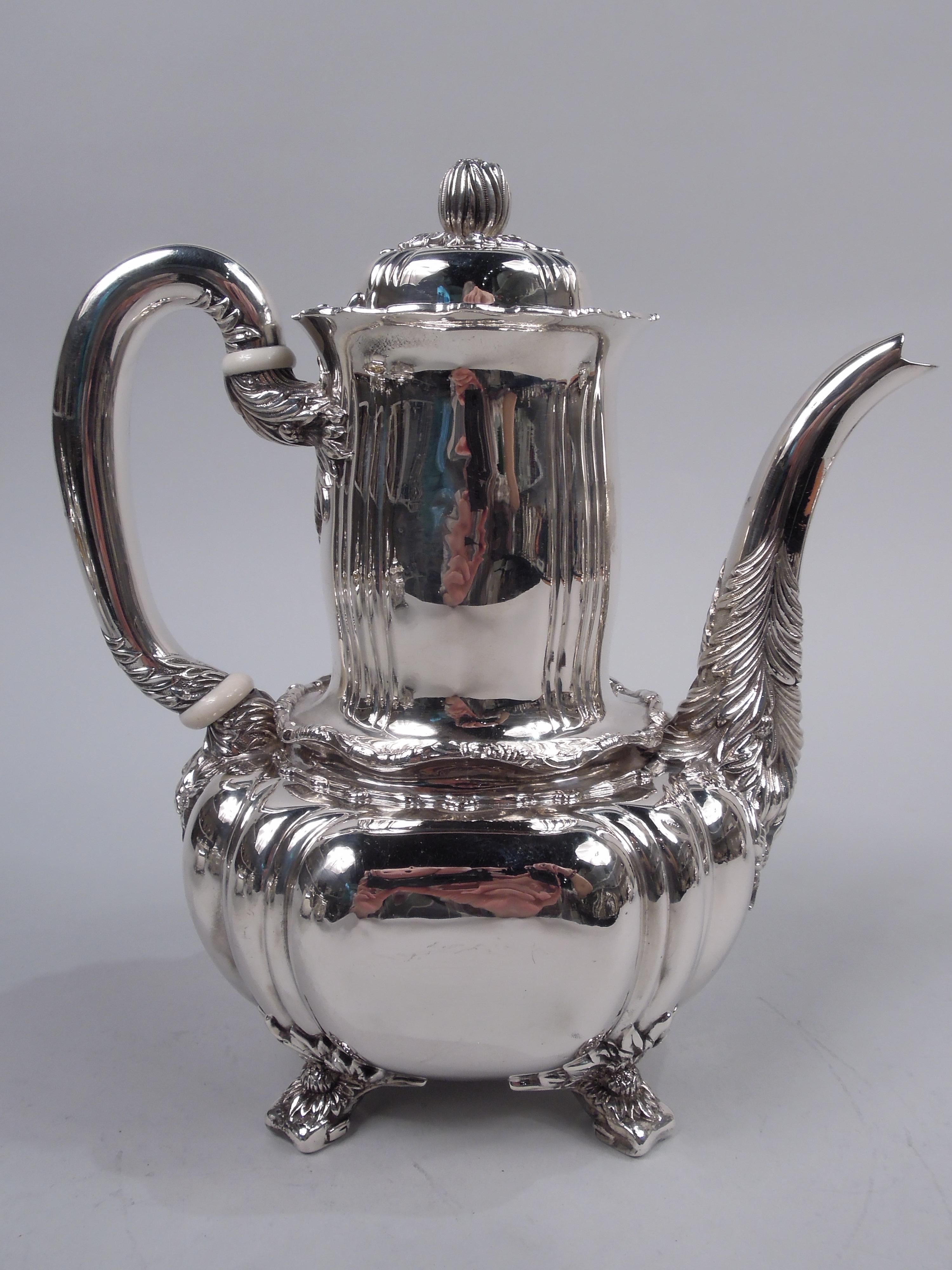  Fabulous Chrysanthemum sterling silver coffee and tea set. Made by Tiffany & Co. in New York. This set comprises 5 pieces: coffeepot, teapot, creamer, sugar, and waste bowl.
In the celebrated pattern that is an American interpretation of a Japanese