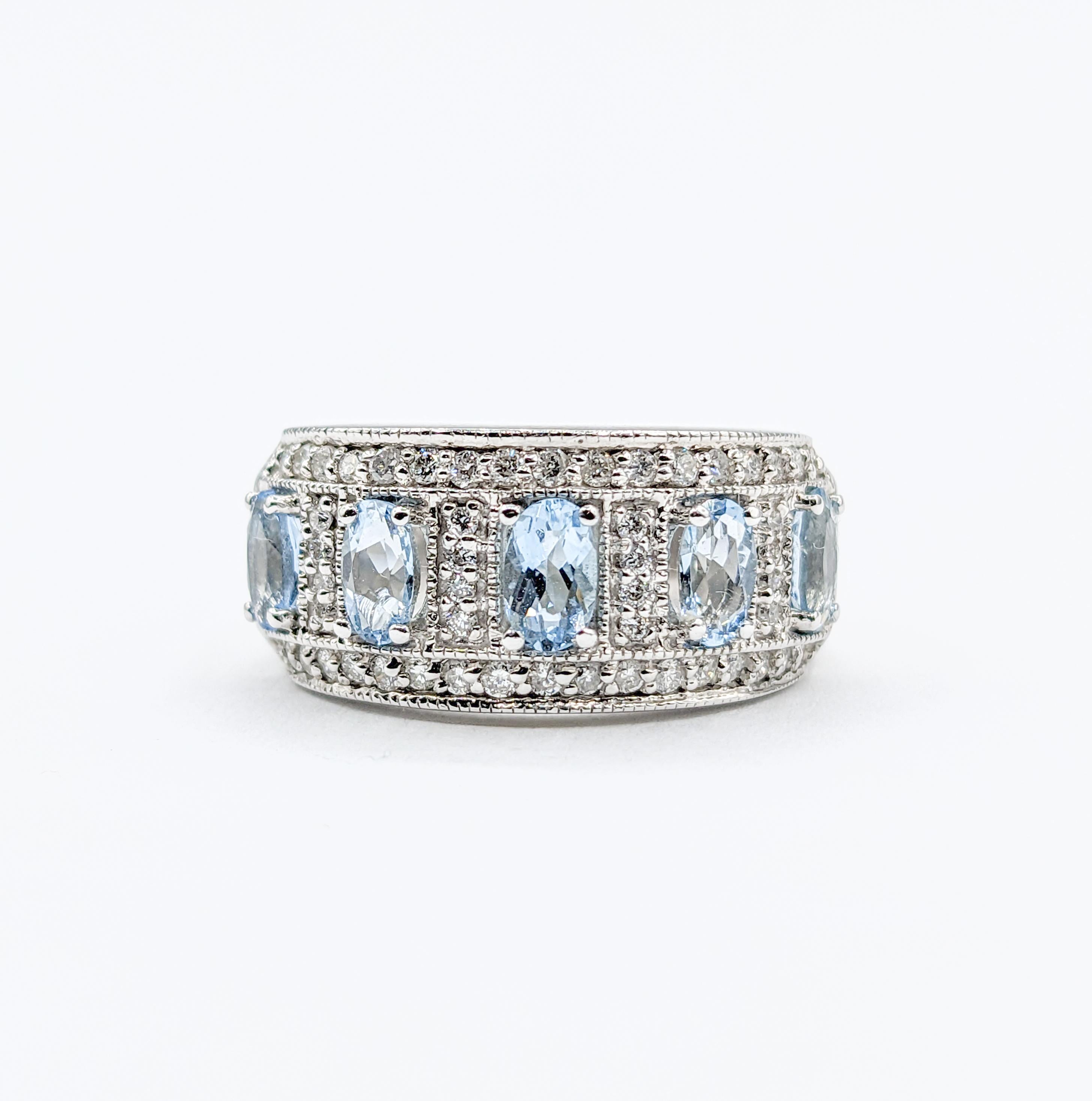  Fabulous Aquamarine & Diamond Wide Band Ring in White Gold 5