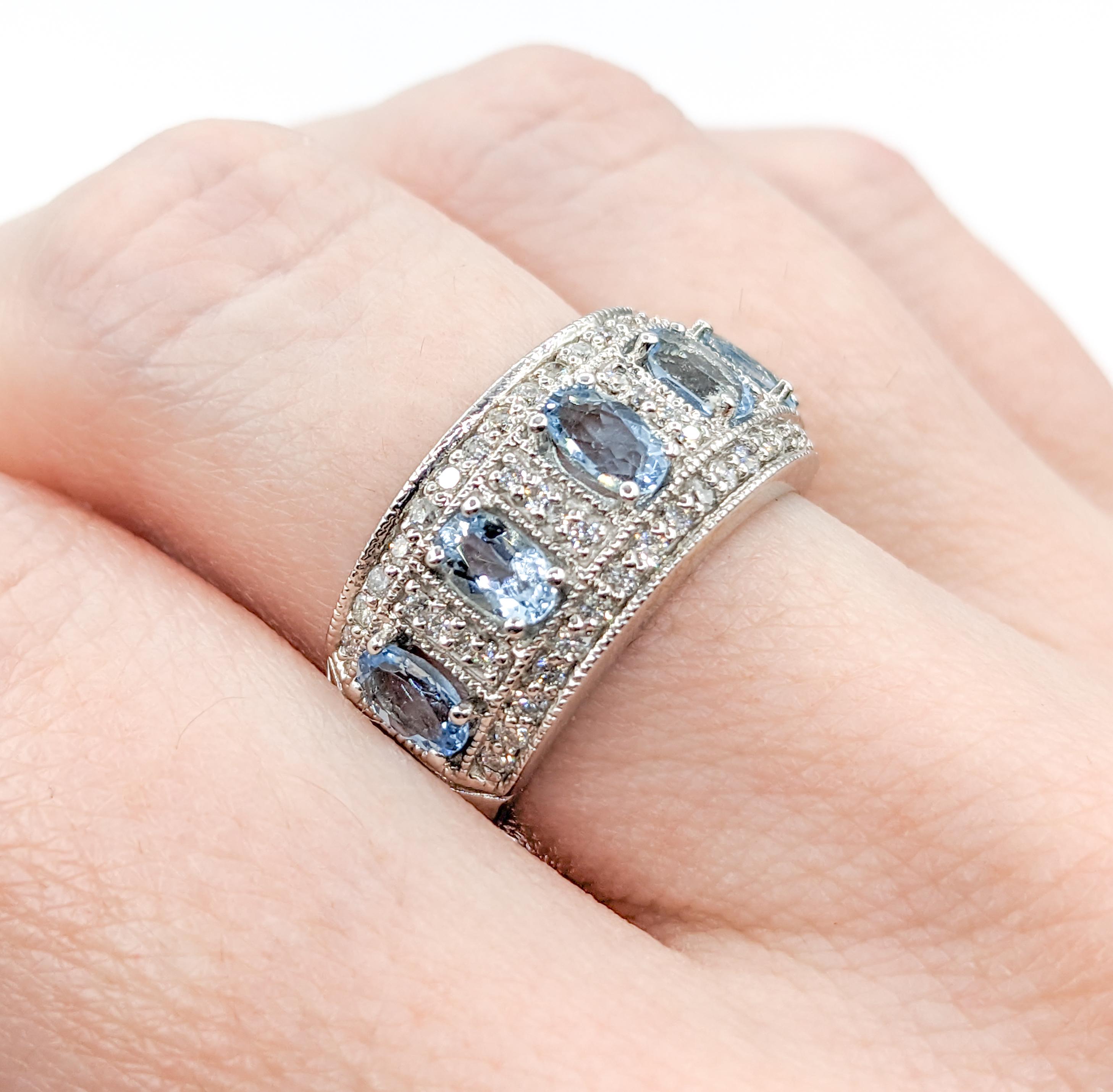 Oval Cut  Fabulous Aquamarine & Diamond Wide Band Ring in White Gold