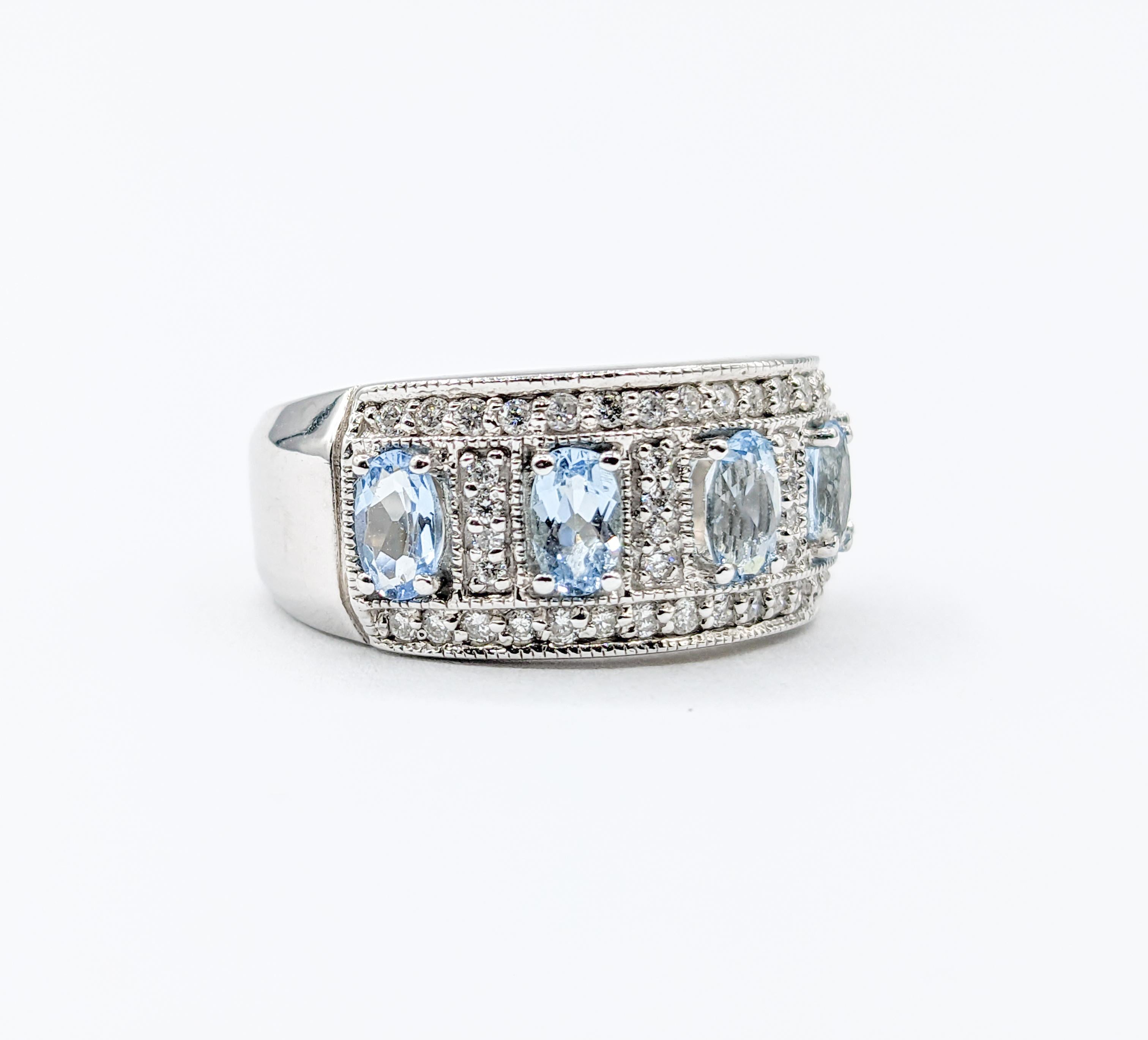  Fabulous Aquamarine & Diamond Wide Band Ring in White Gold 1