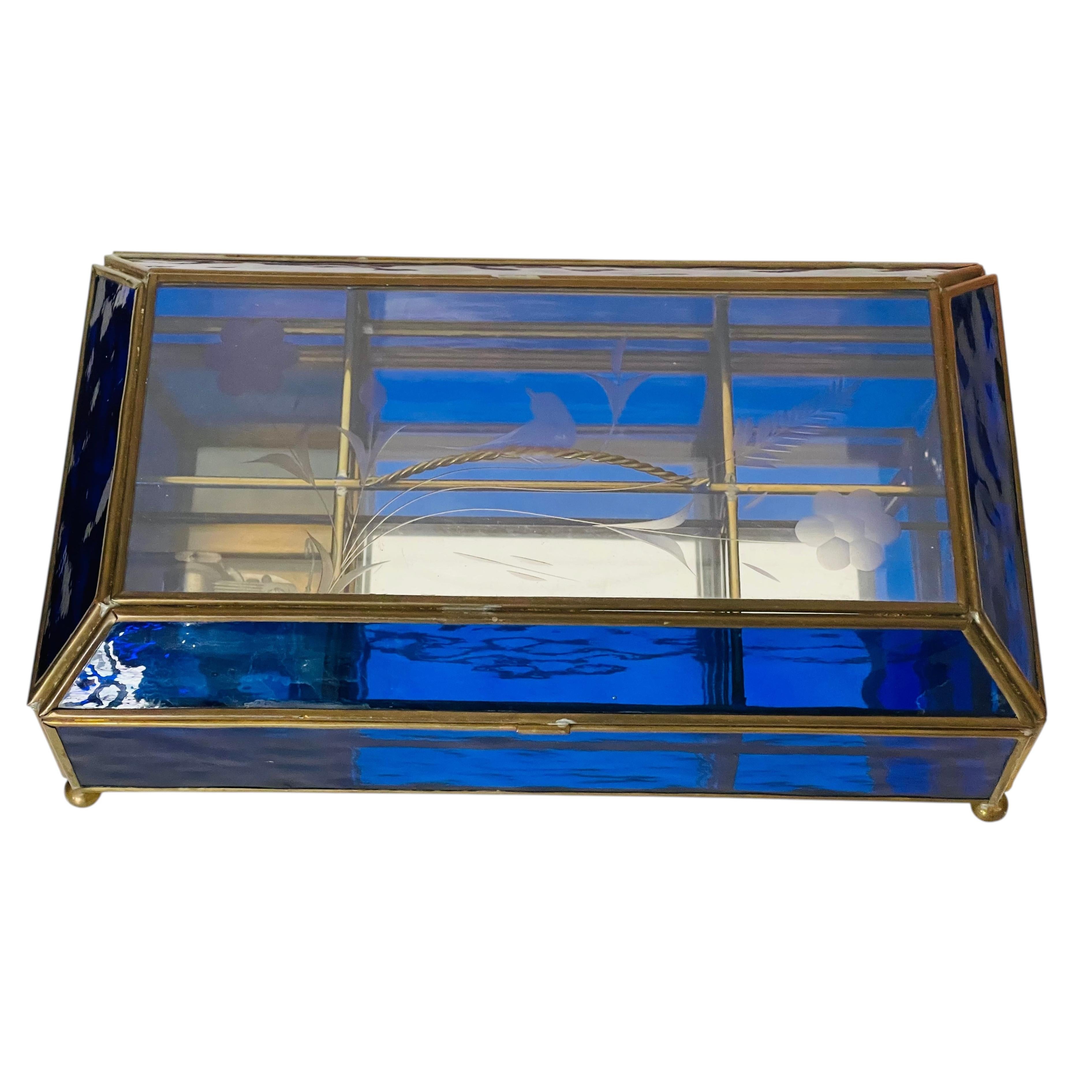 Fabulous Art Deco Cobal Blue Crystal Glass Musical Box For Sale