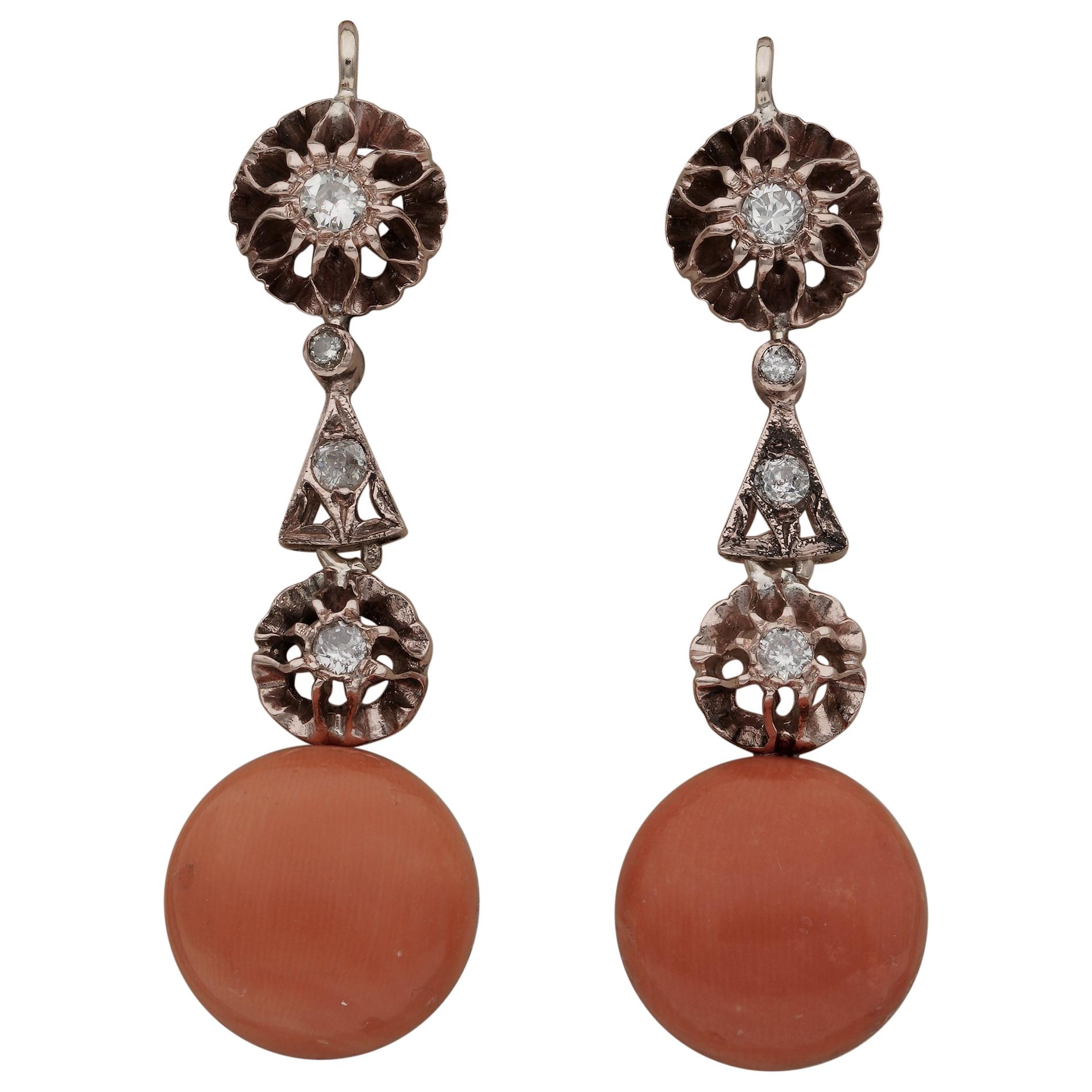 Fabulous Art Deco Natural Coral and Diamond Rare Drop Earrings For Sale