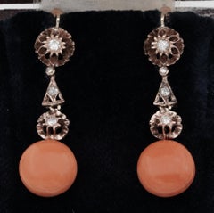 Fabulous Art Deco Natural Coral and Diamond Rare Drop Earrings