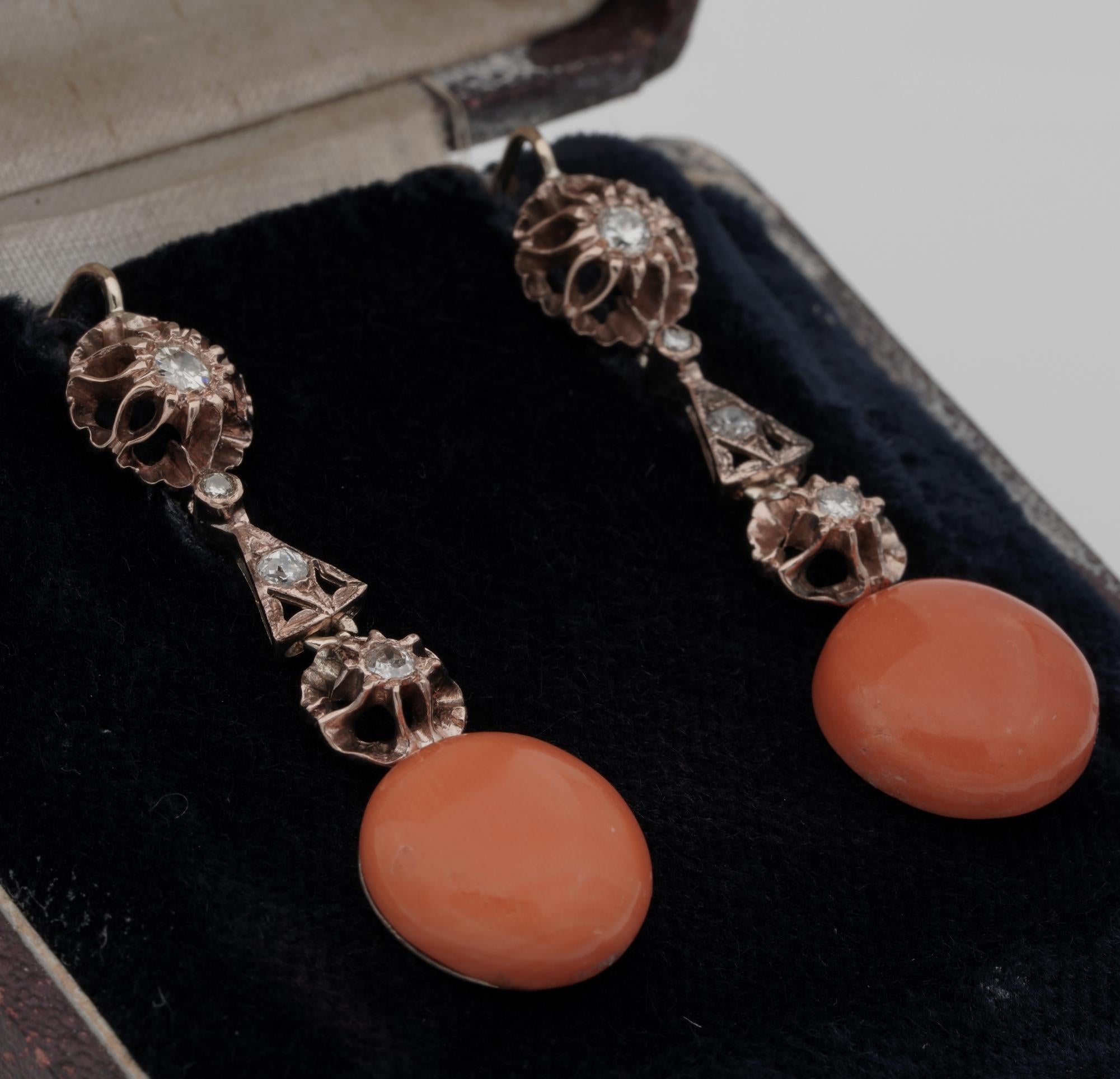 Women's Fabulous Art Deco Natural Coral and Diamond Rare Drop Earrings For Sale