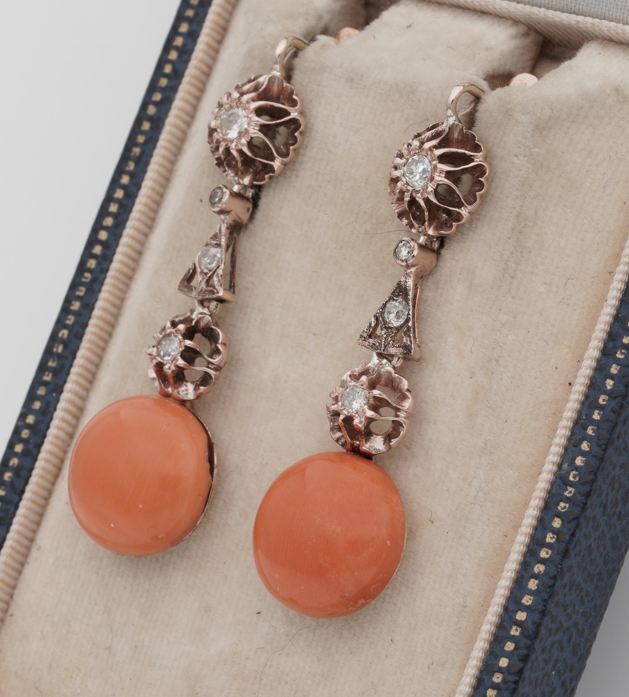 Fabulous Art Deco Natural Coral and Diamond Rare Drop Earrings For Sale 1