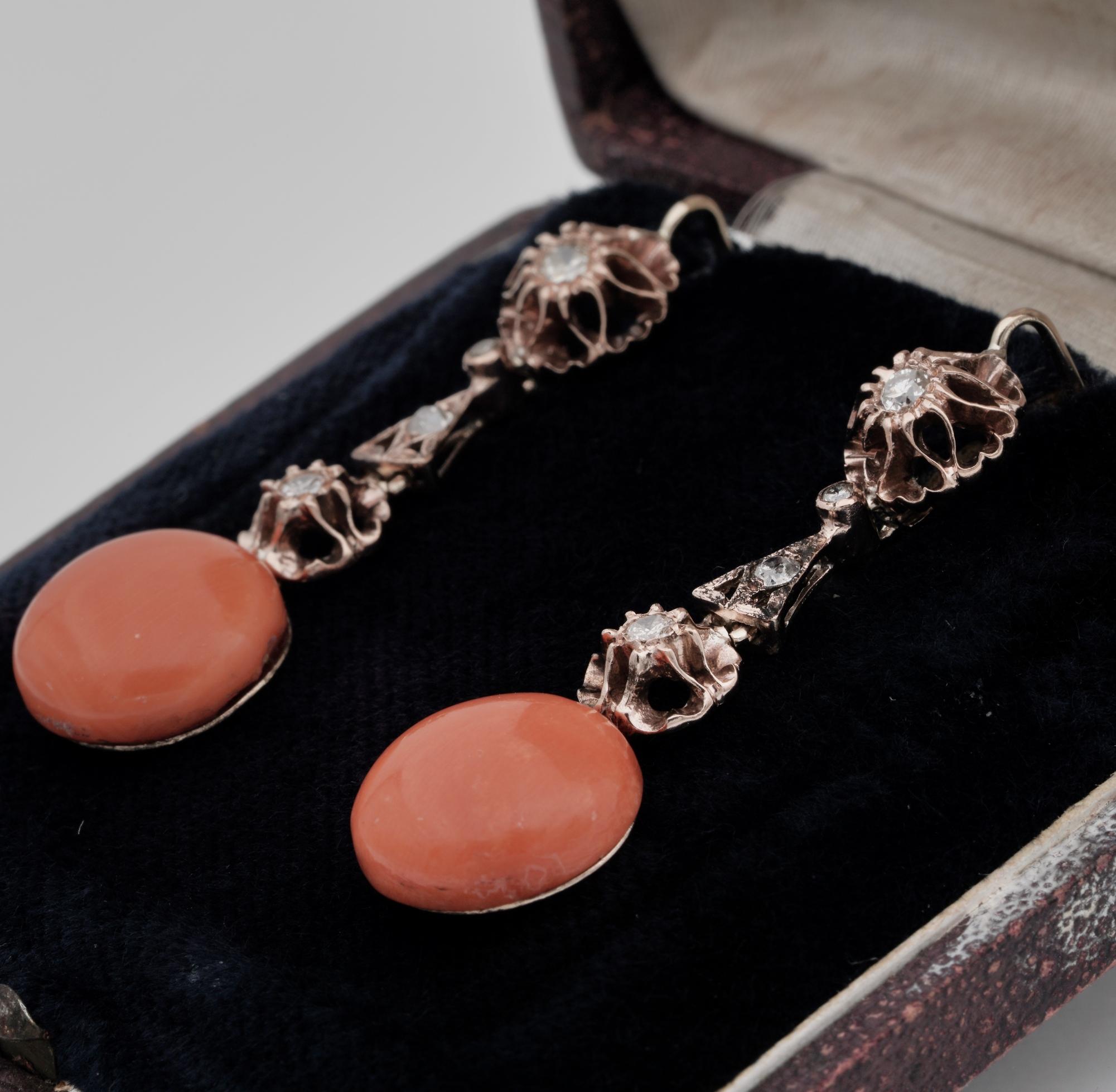 Fabulous Art Deco Natural Coral and Diamond Rare Drop Earrings For Sale 2